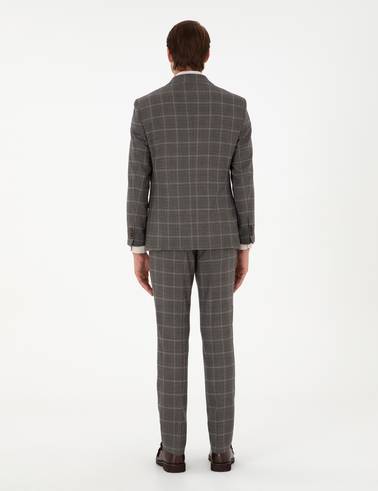 Kahverengi Slim Fit Ekose Yünlü Takım Elbise