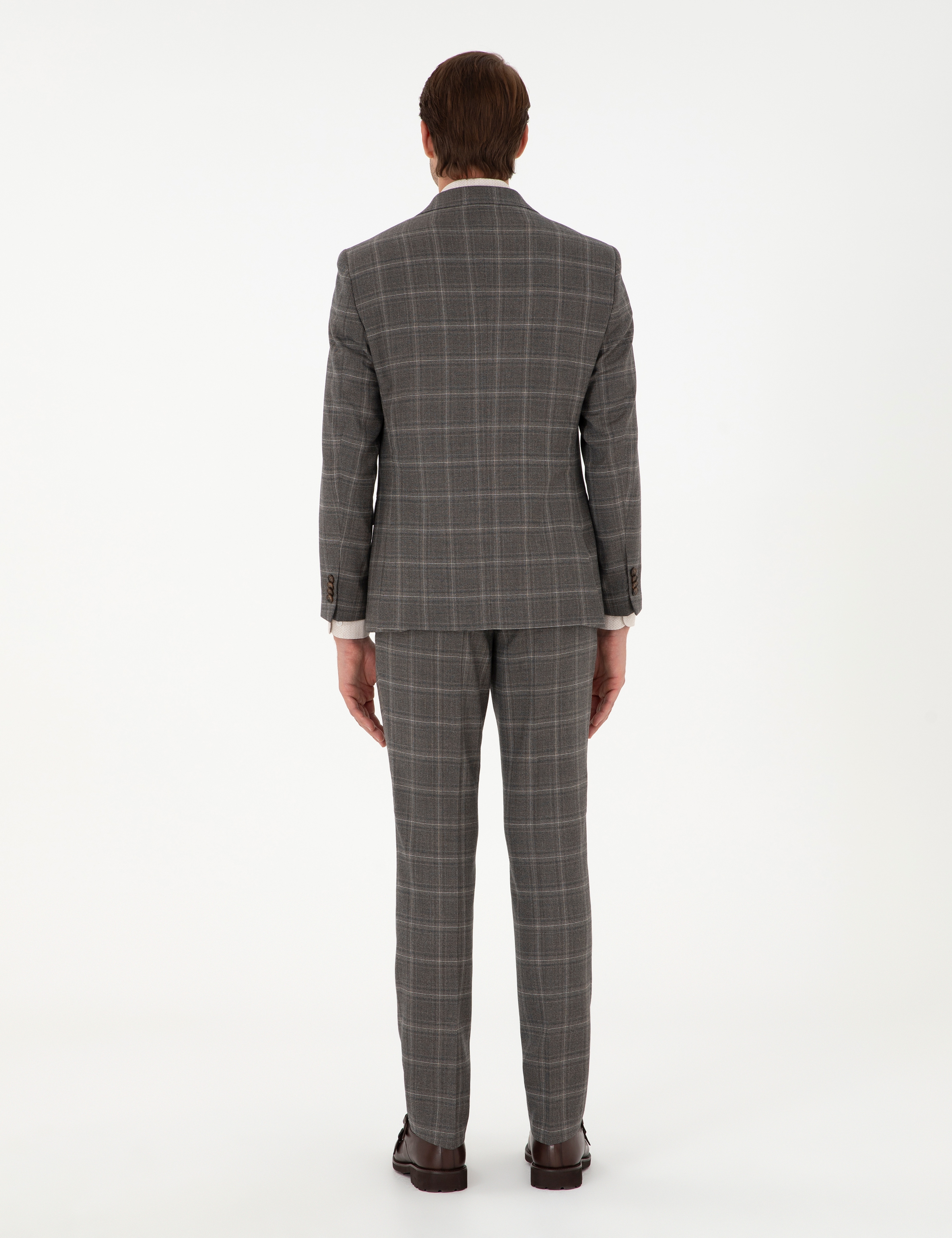Kahverengi Slim Fit Ekose Yünlü Takım Elbise - Image 5