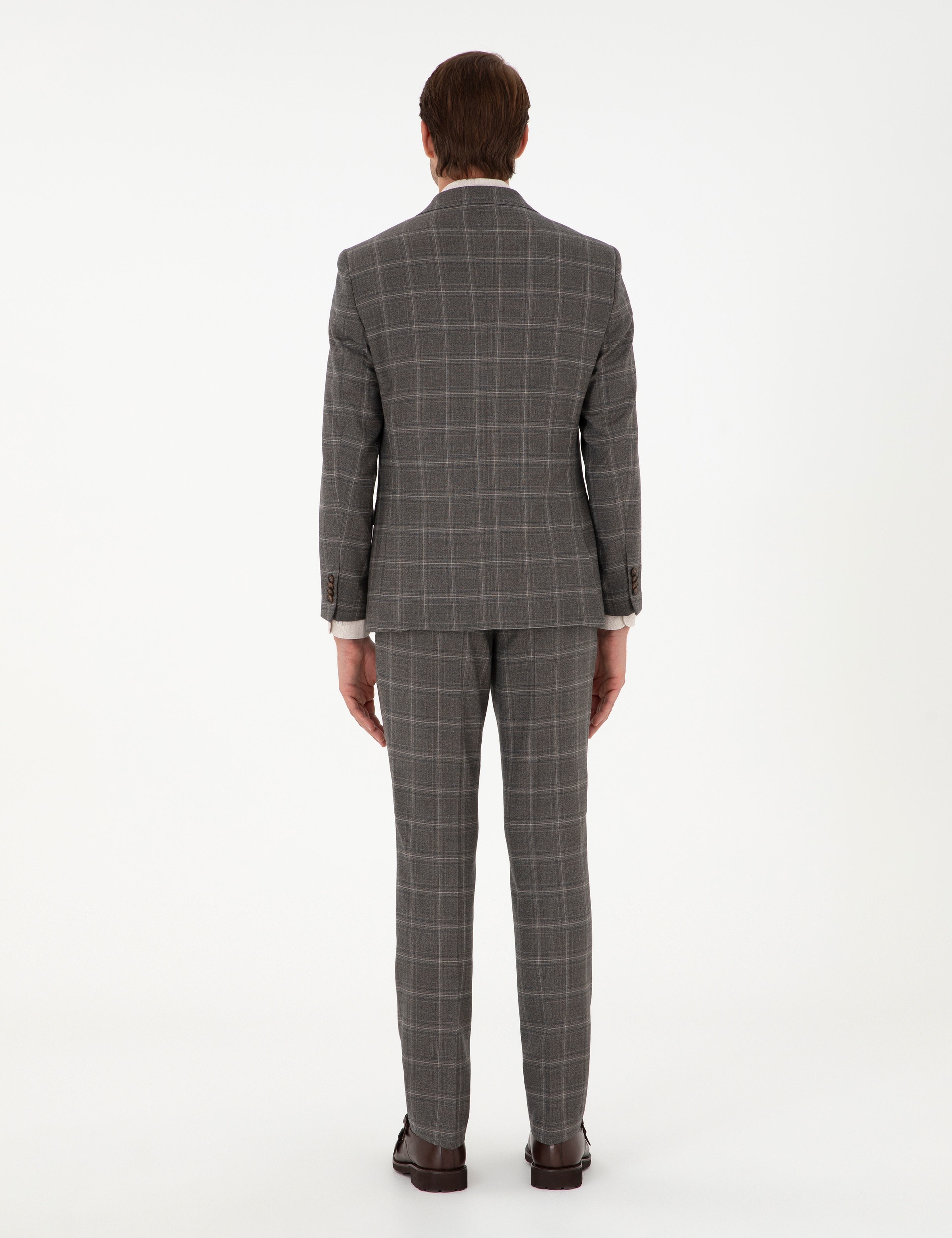 Kahverengi Slim Fit Ekose Yünlü Takım Elbise