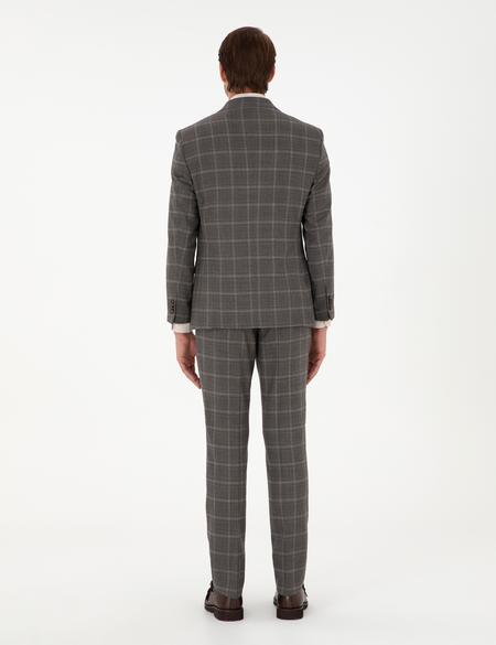 Kahverengi Slim Fit Ekose Yünlü Takım Elbise - 50291966044