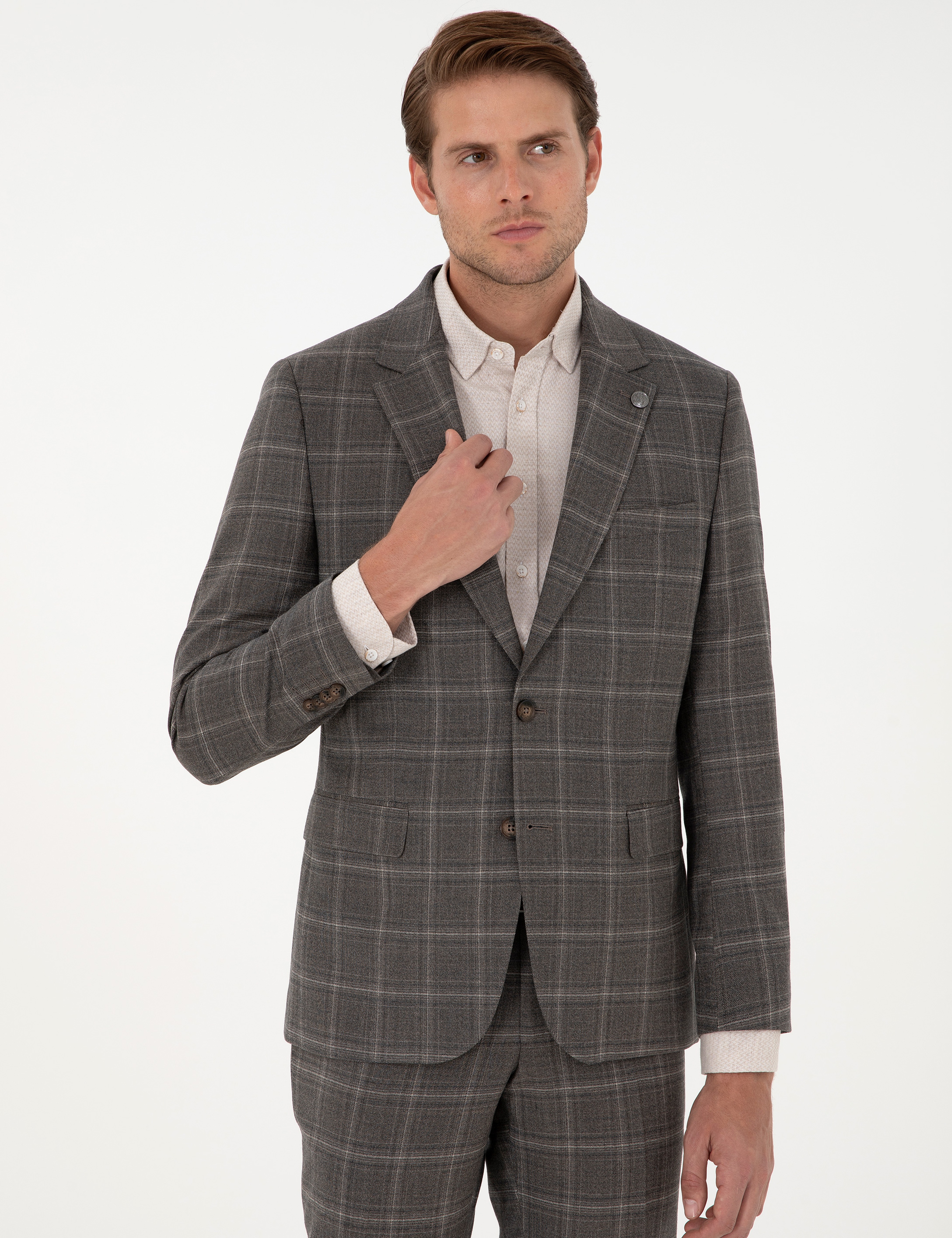 Kahverengi Slim Fit Ekose Yünlü Takım Elbise - Image 3