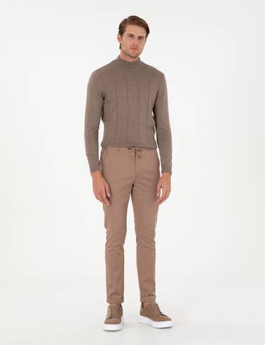 Vizon Slim Fit Beli Lastikli Bağcıklı Kanvas Pantolon