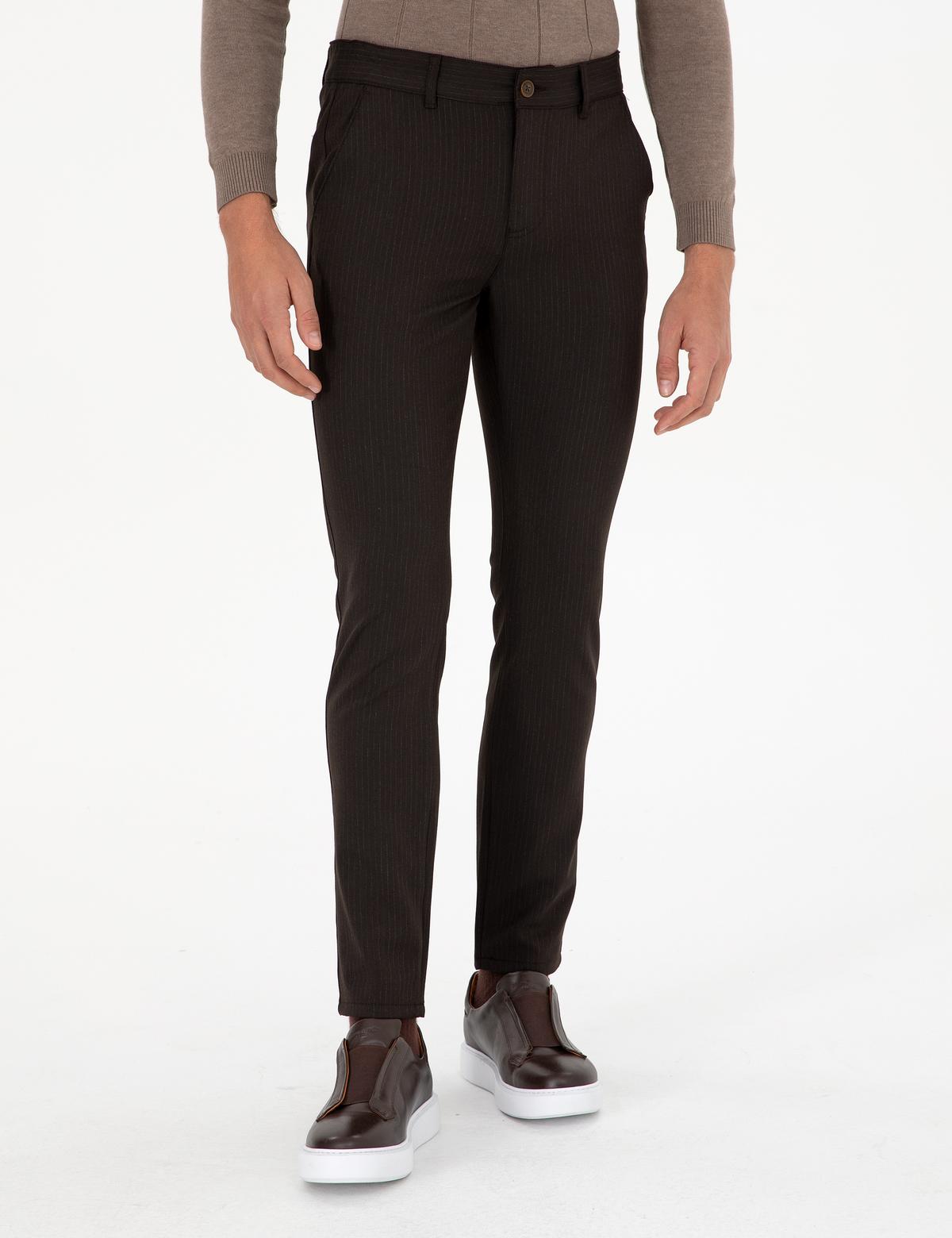Kahverengi Slim Fit Çizgili Kanvas Pantolon - 50299528101