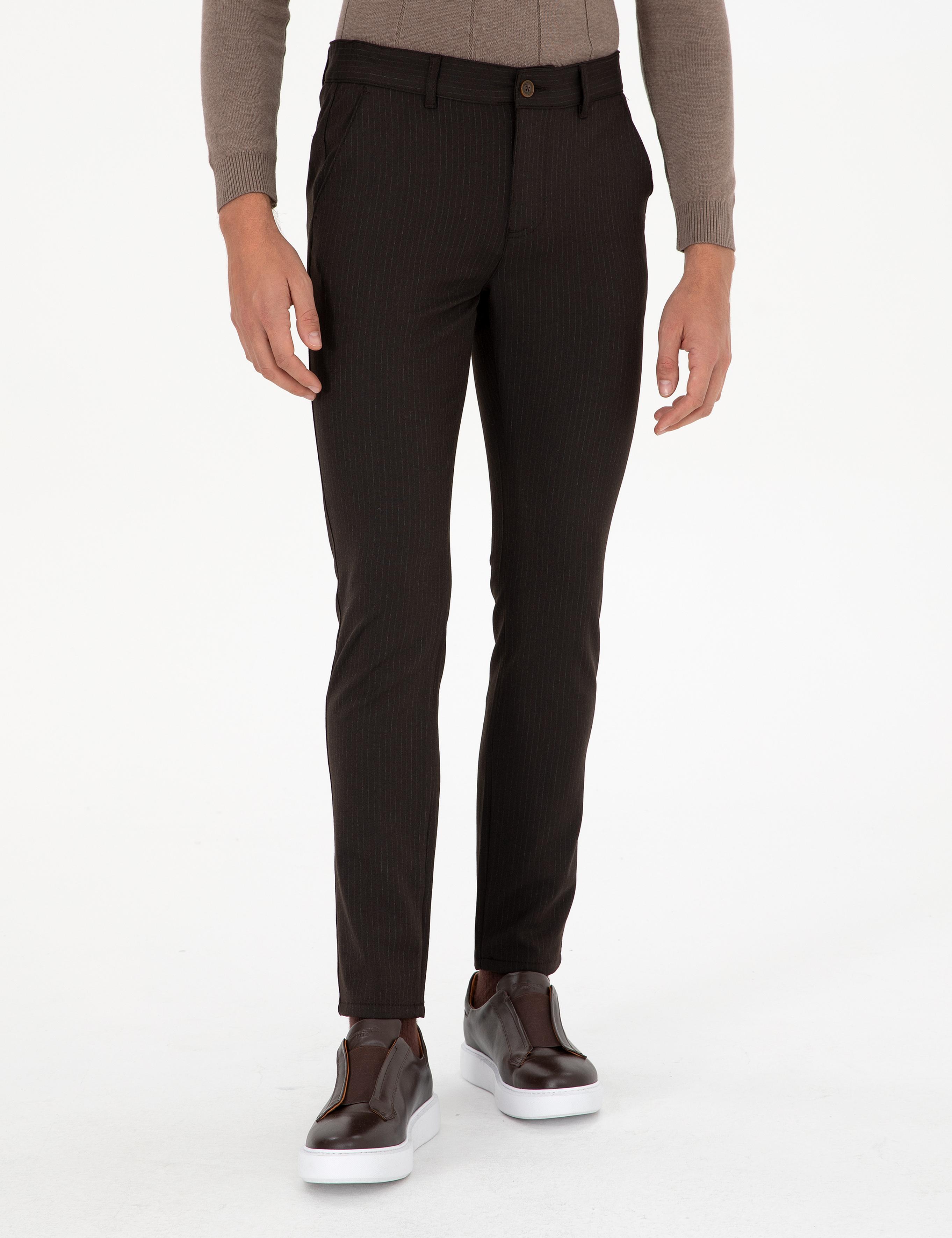 Kahverengi Slim Fit Çizgili Kanvas Pantolon