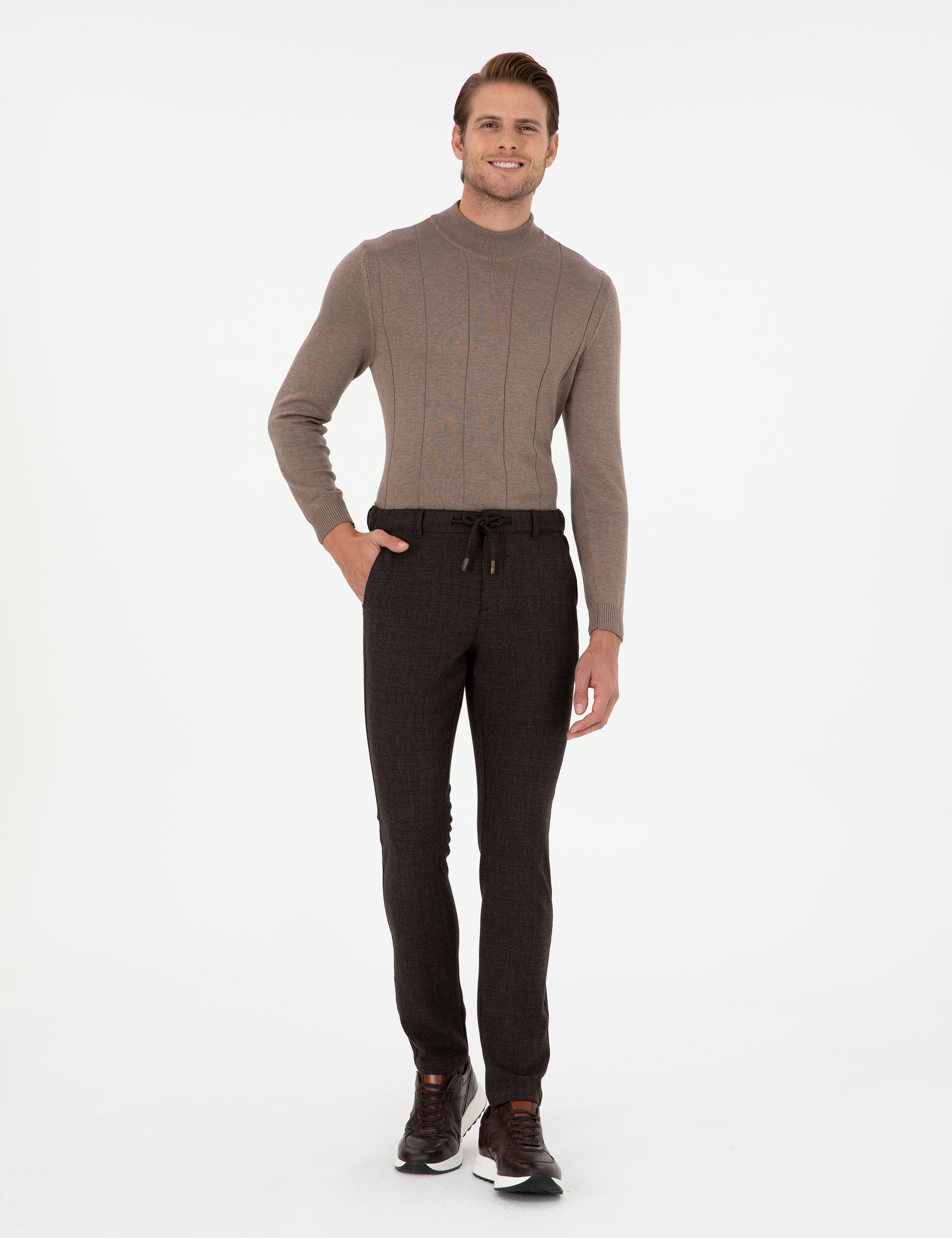Kahverengi Slim Fit Beli Lastikli Bağcıklı Kanvas Pantolon - Image 3