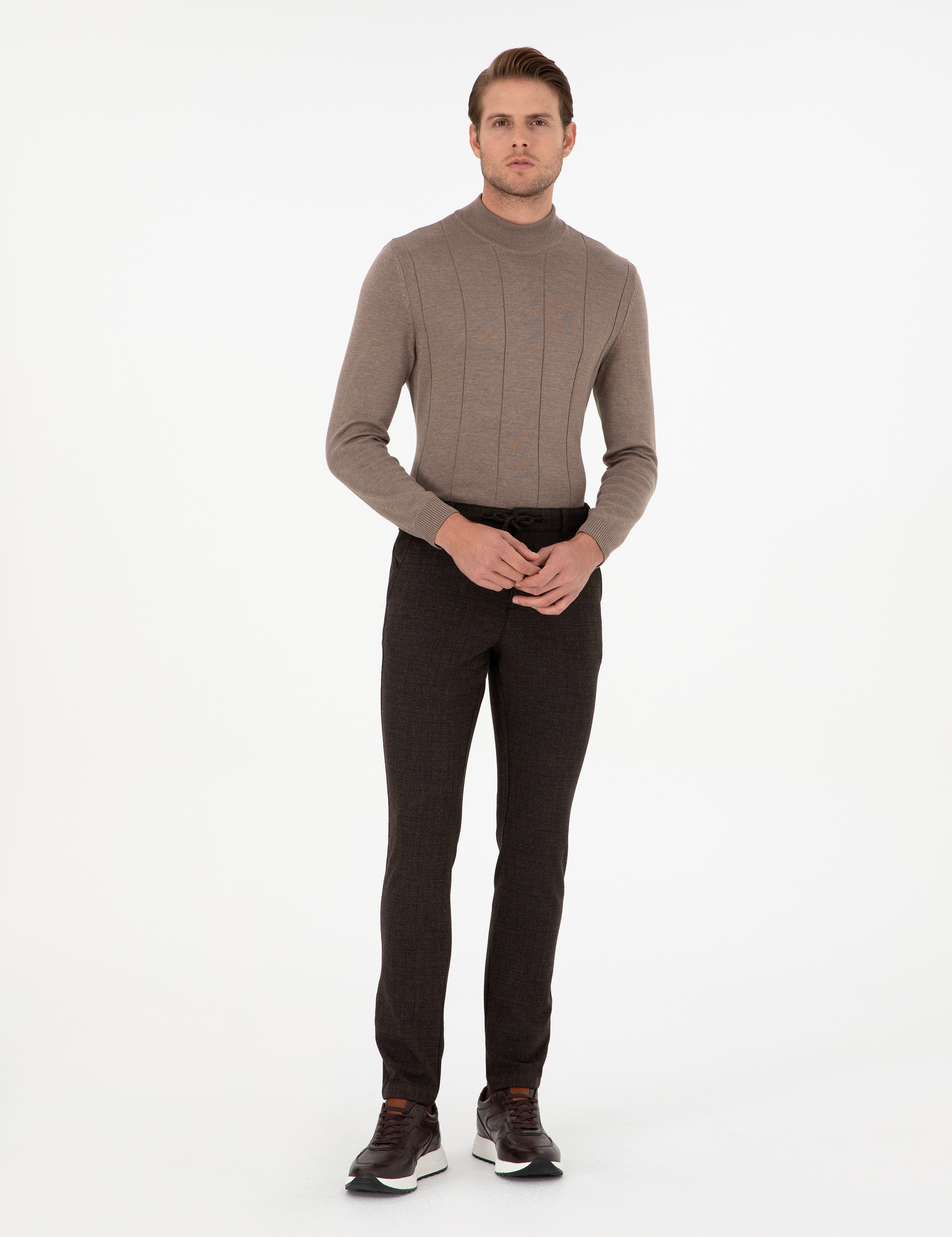 Kahverengi Slim Fit Beli Lastikli Bağcıklı Kanvas Pantolon - Image 1