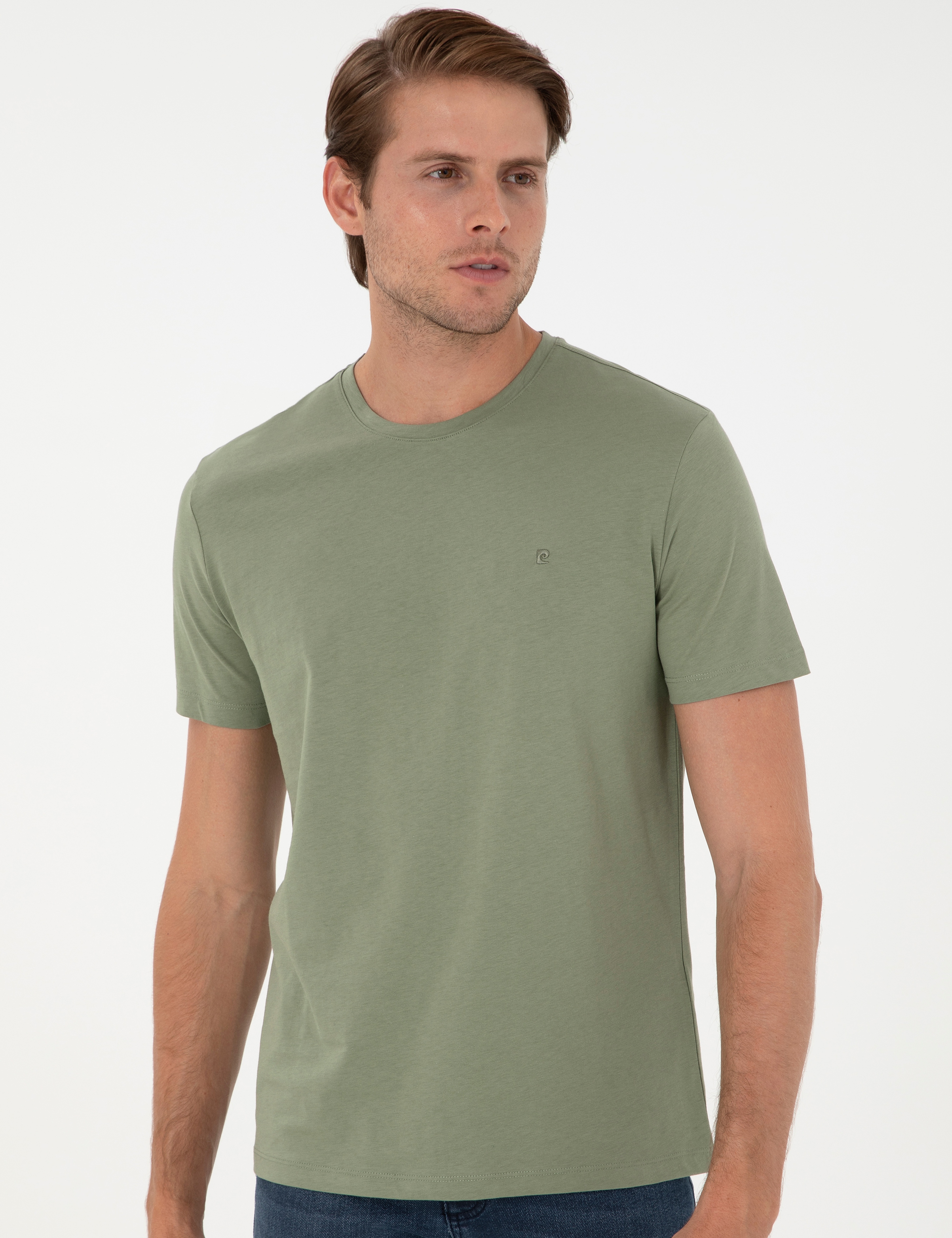 Haki Slim Fit %100 Pamuk Bisiklet Yaka Basic Tişört - Image 3