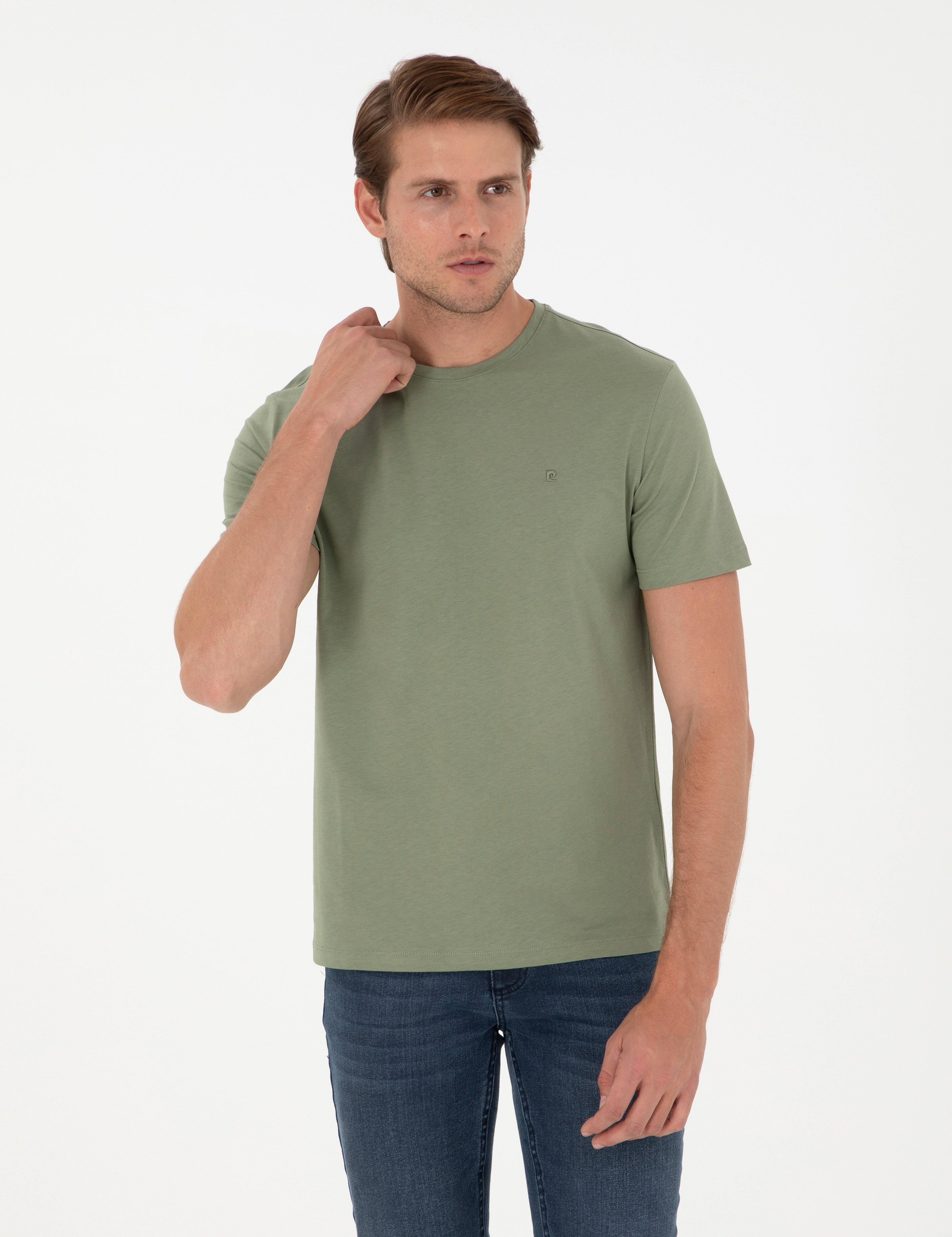 Haki Slim Fit %100 Pamuk Bisiklet Yaka Basic Tişört - Image 1