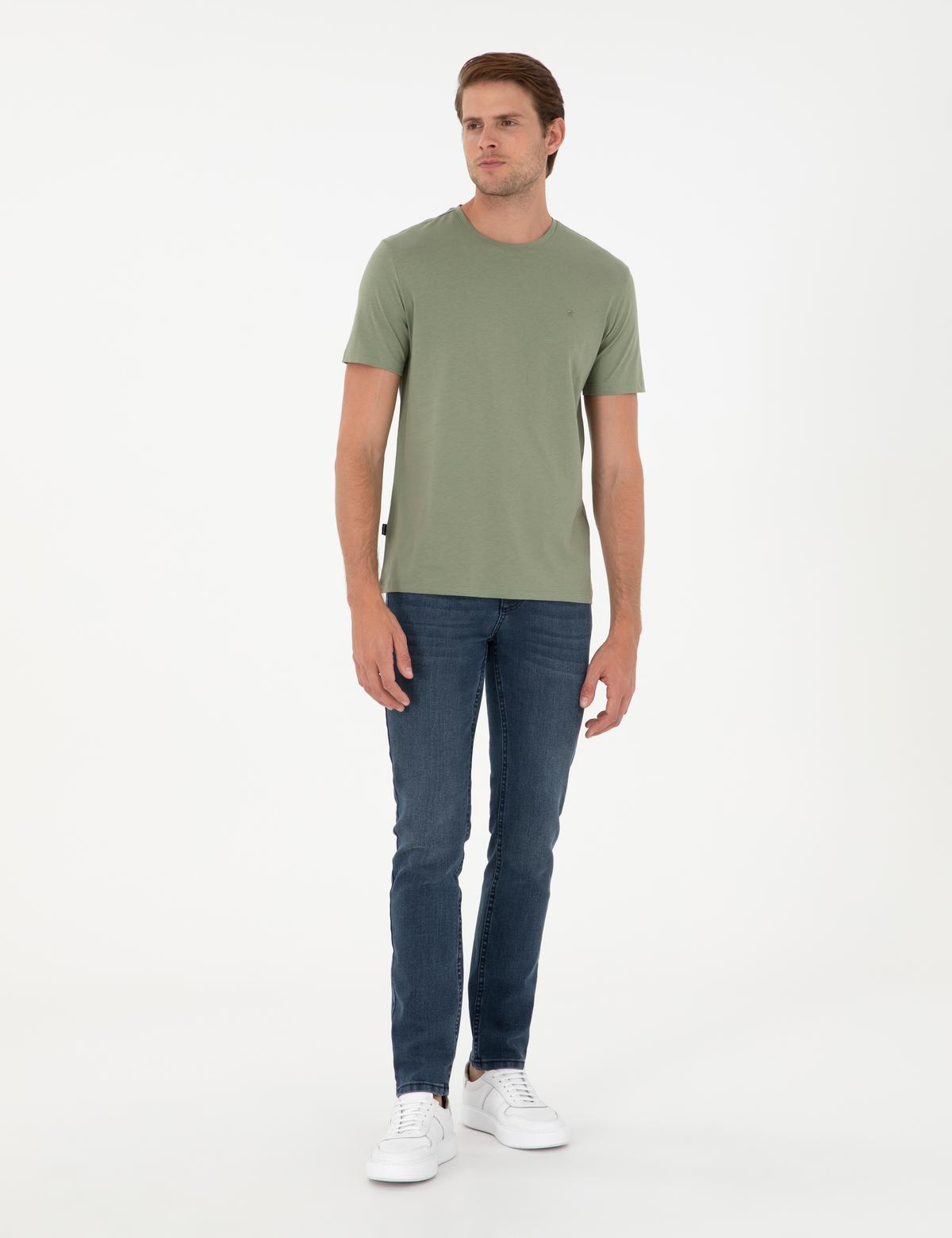 Haki %100 Pamuk Slim Fit Bisiklet Yaka Basic Tişört - 50306359023