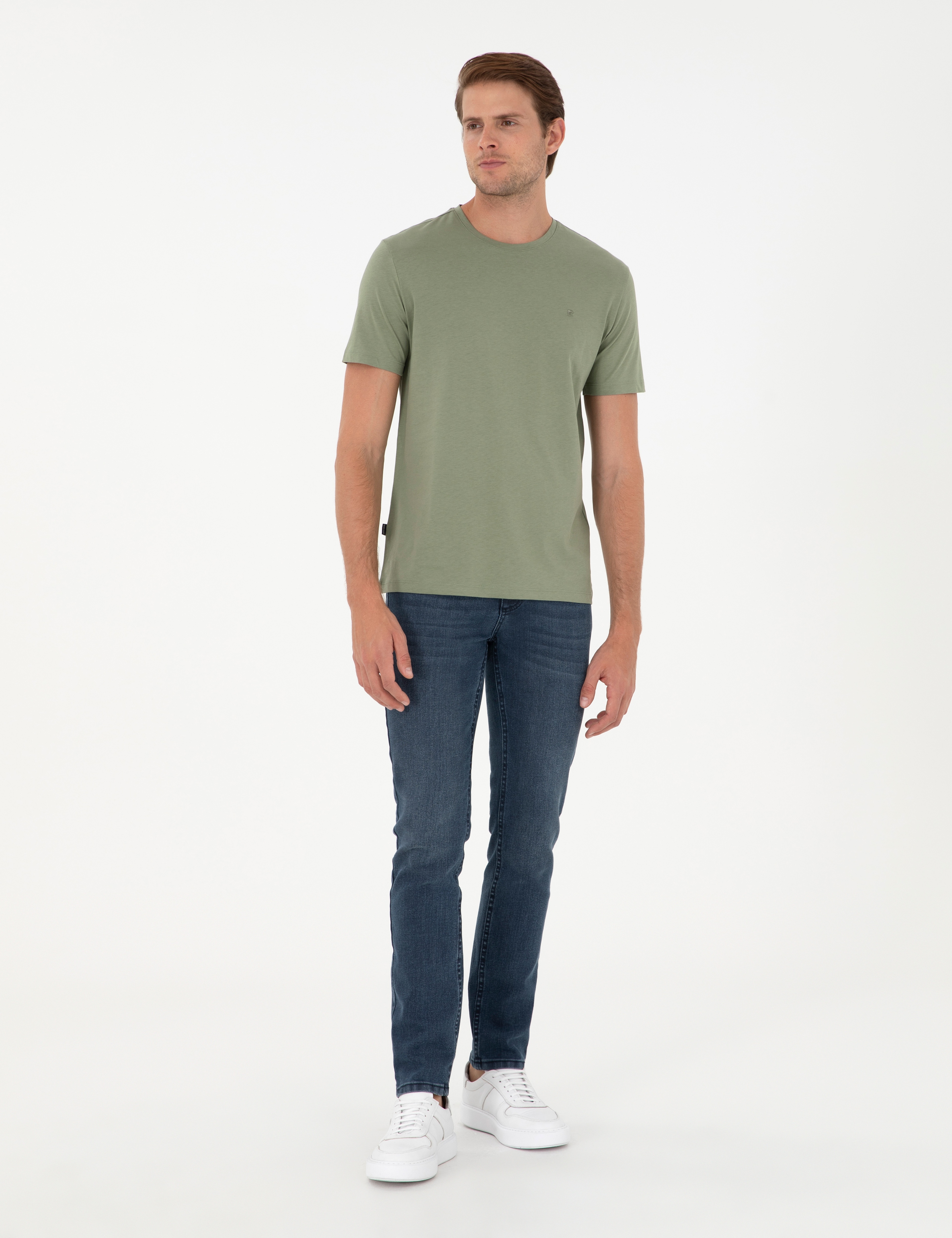 Haki Slim Fit %100 Pamuk Bisiklet Yaka Basic Tişört - Image 4