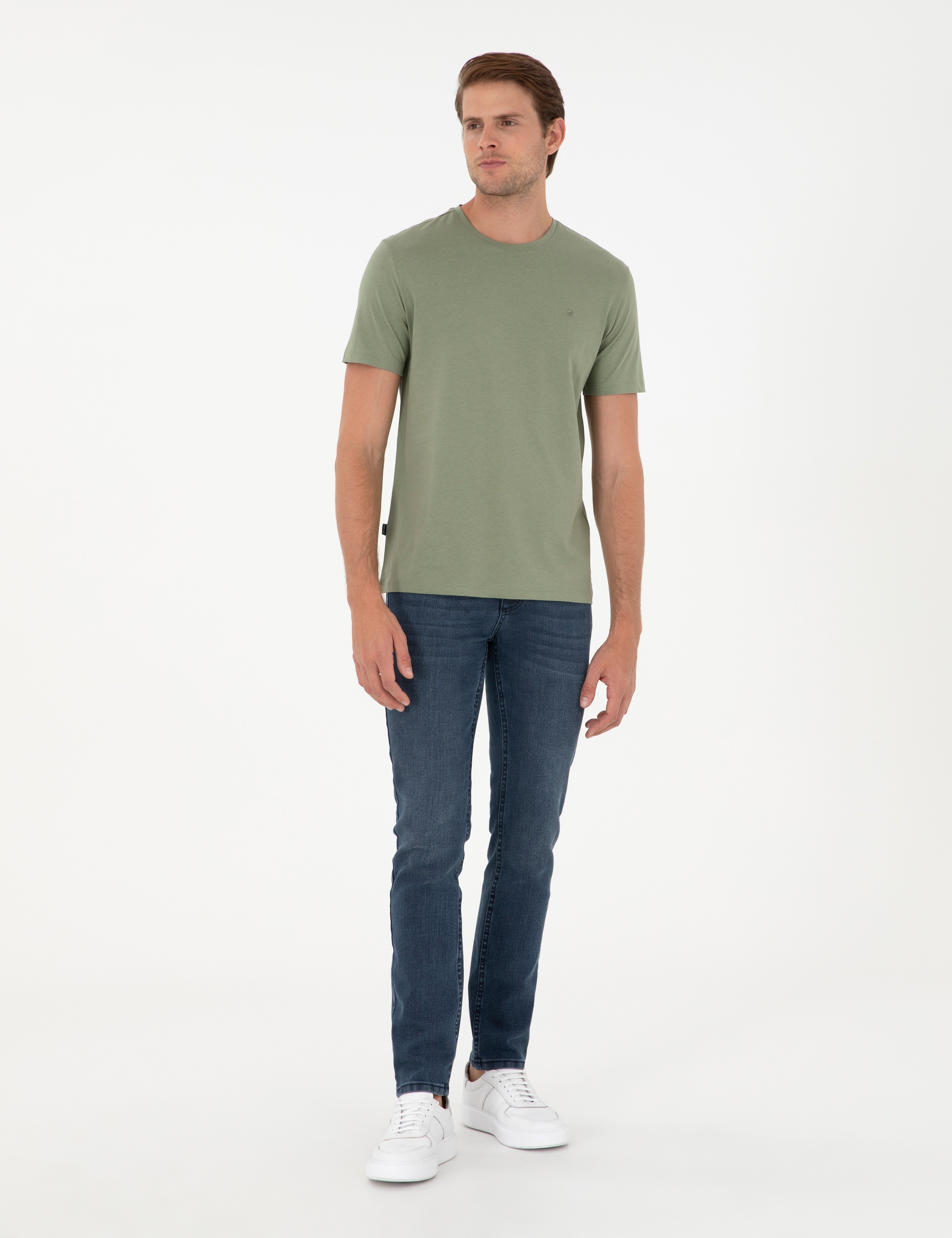 Haki Slim Fit %100 Pamuk Bisiklet Yaka Basic Tişört