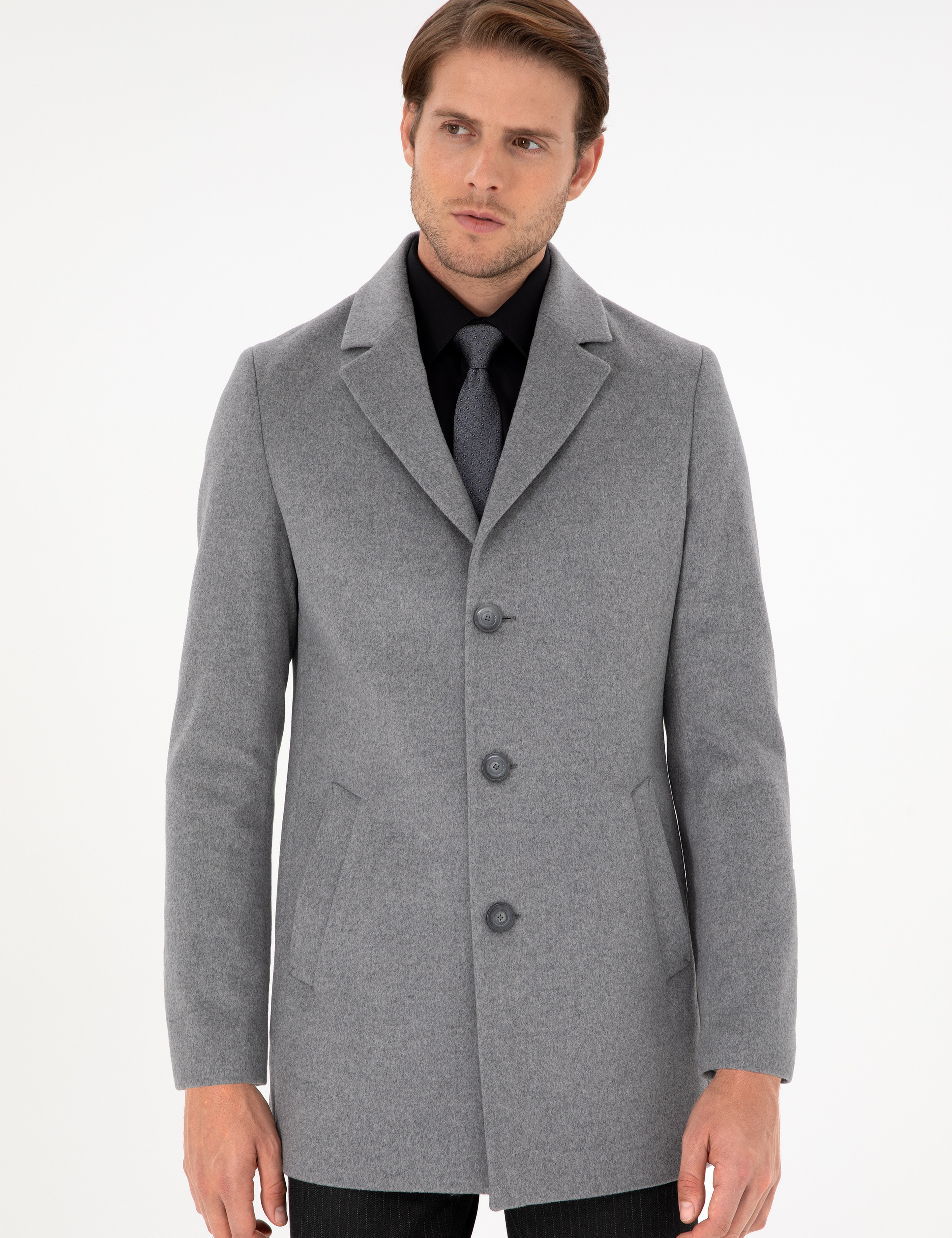 Açık Gri Ex. Slim Fit Kaşe Kaban - Image 3