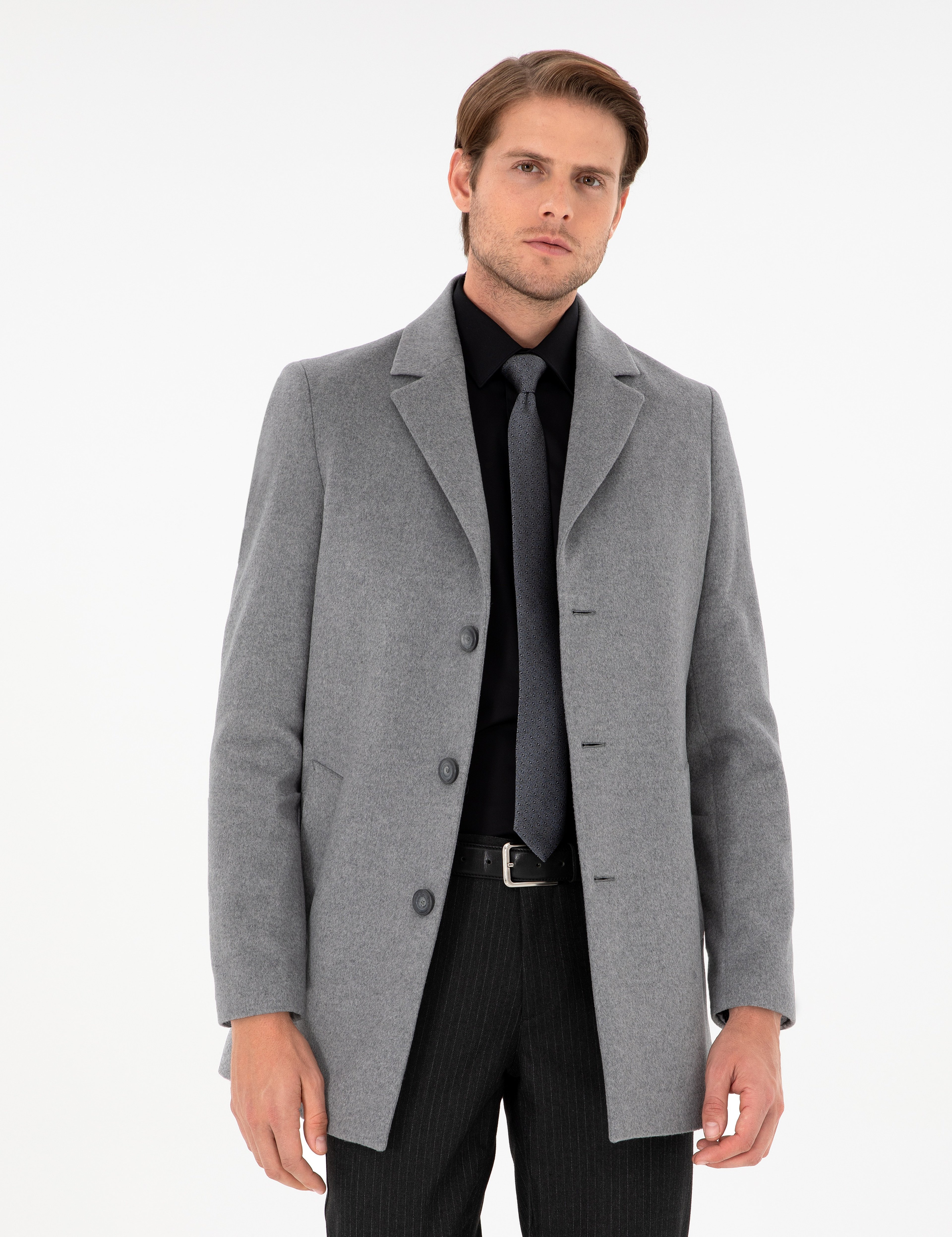 Açık Gri Ex. Slim Fit Kaşe Kaban - Image 1