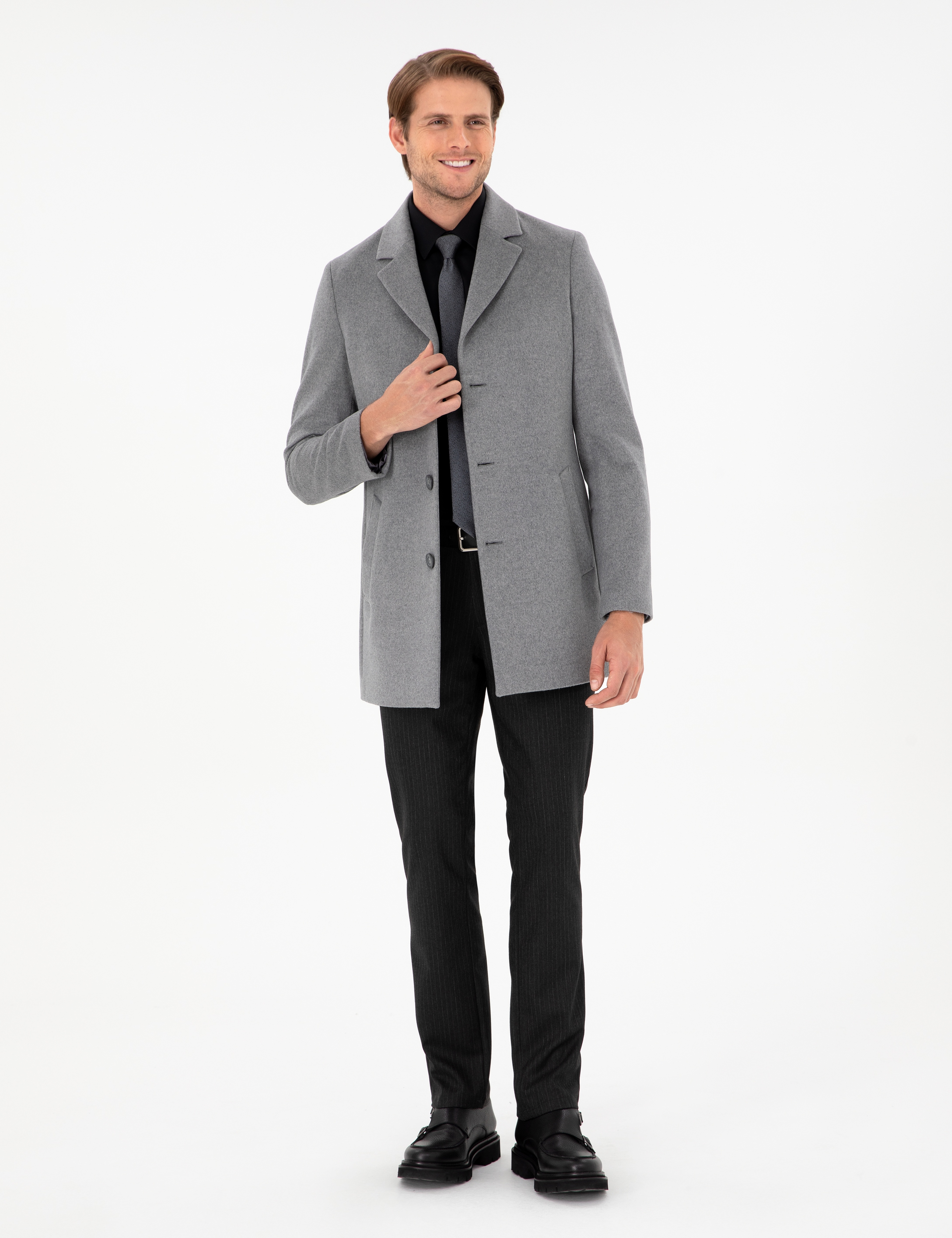 Açık Gri Ex. Slim Fit Kaşe Kaban - Image 4
