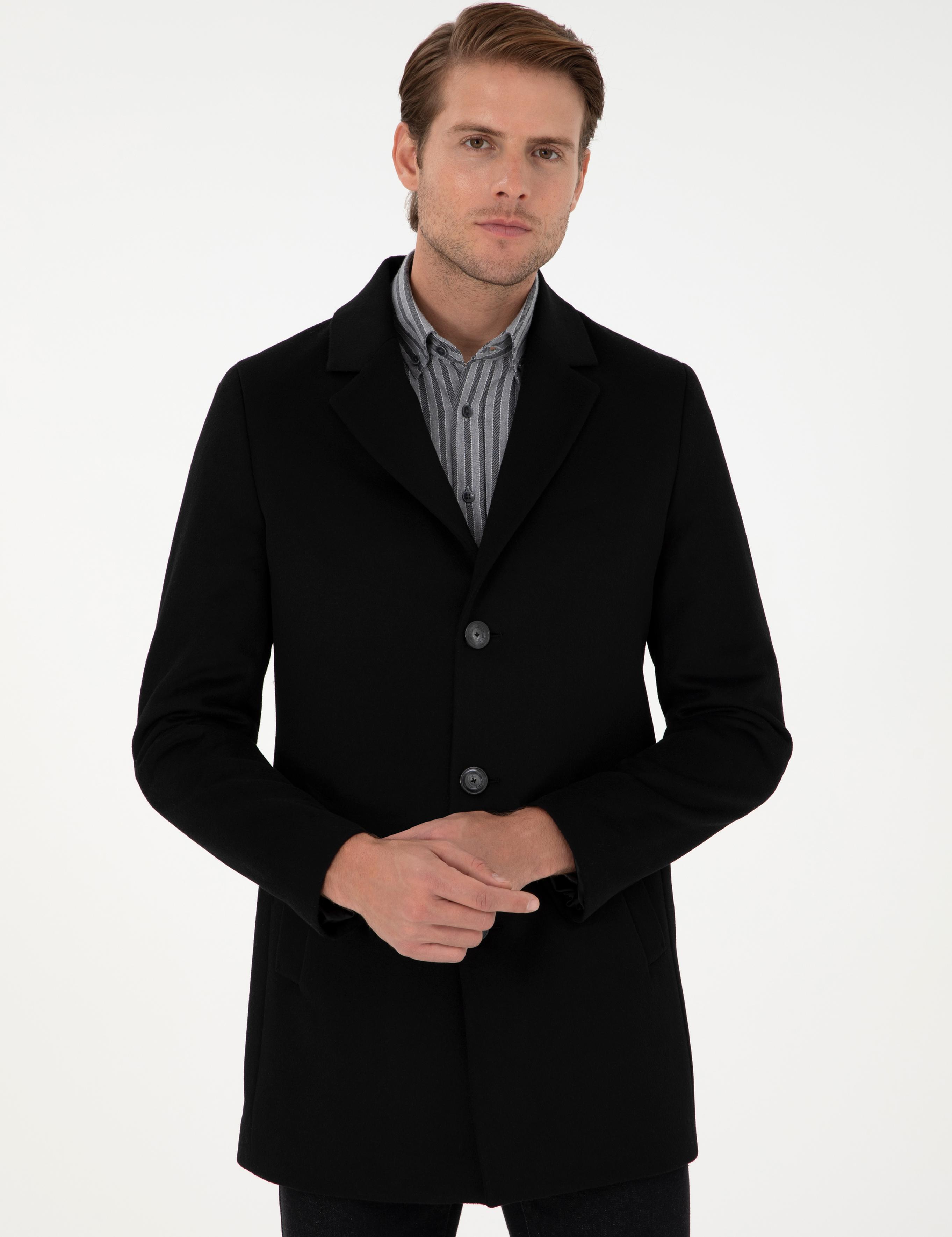 Siyah Ex. Slim Fit Kaşe Kaban