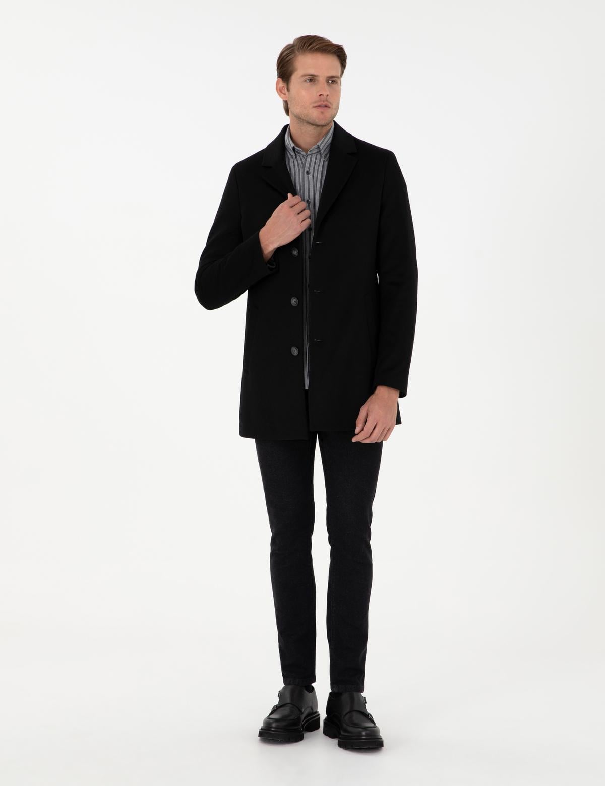 Siyah Ex. Slim Fit Kaşe Kaban - 50291017008