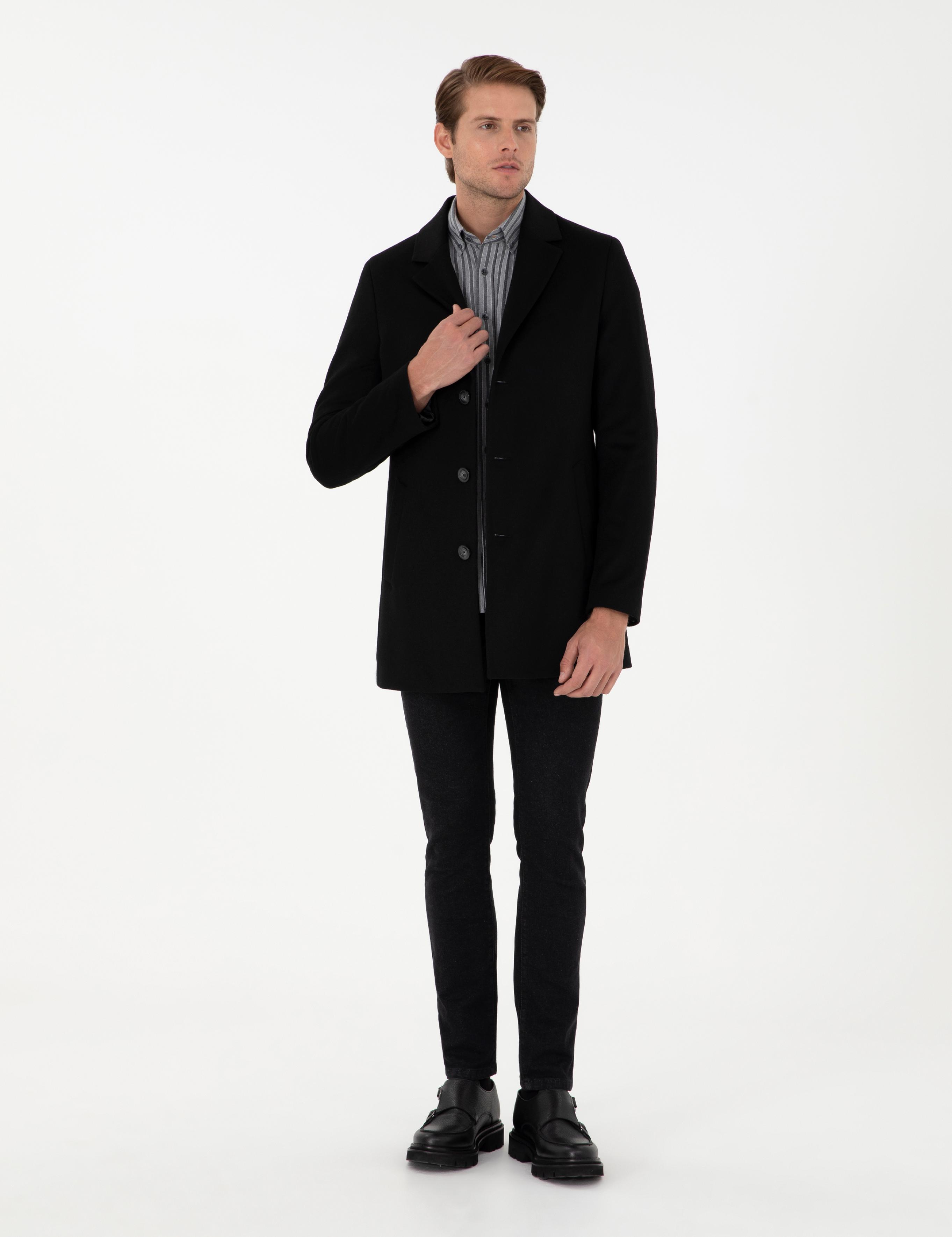 Siyah Ex. Slim Fit Kaşe Kaban