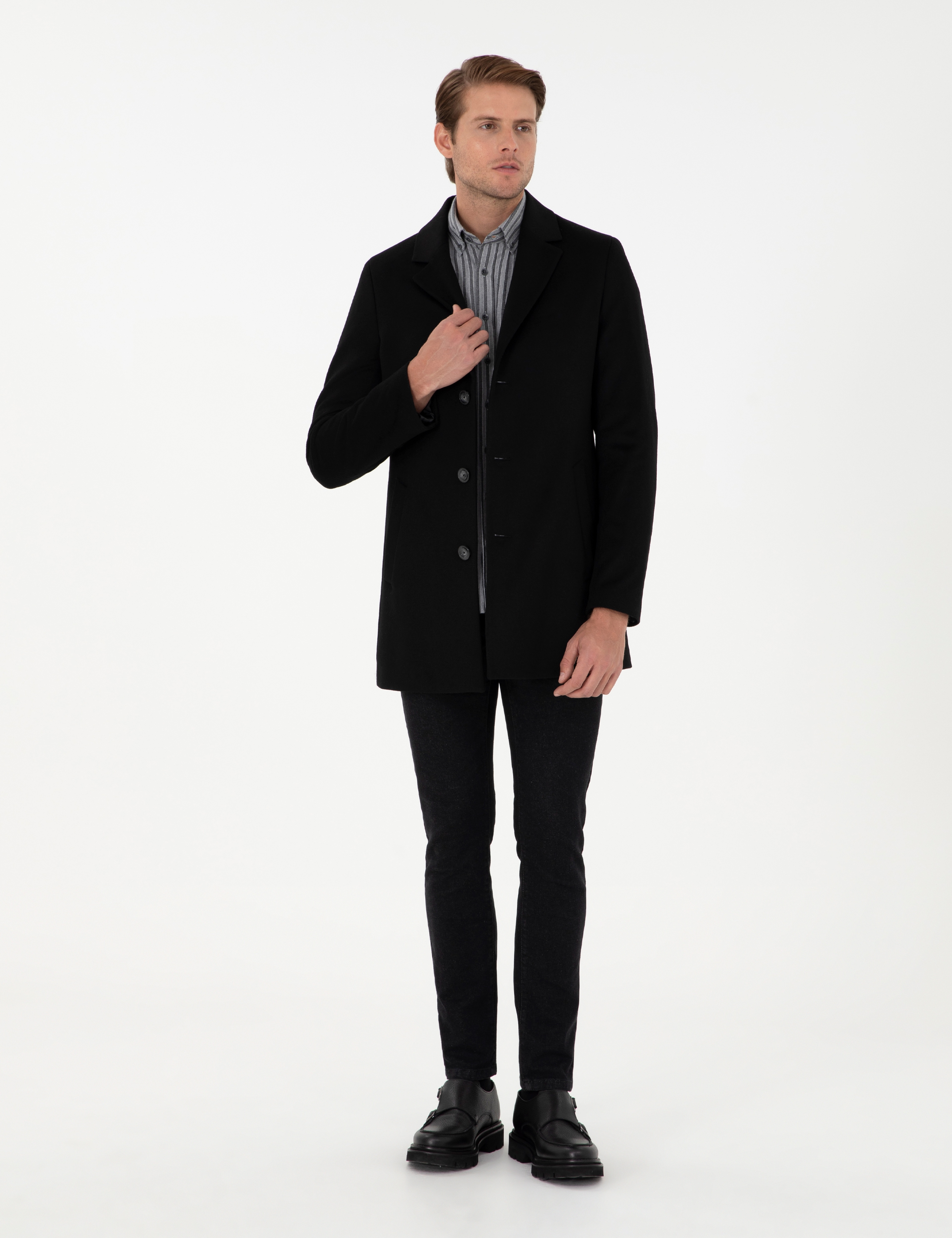 Siyah Ex. Slim Fit Kaşe Kaban - Image 4