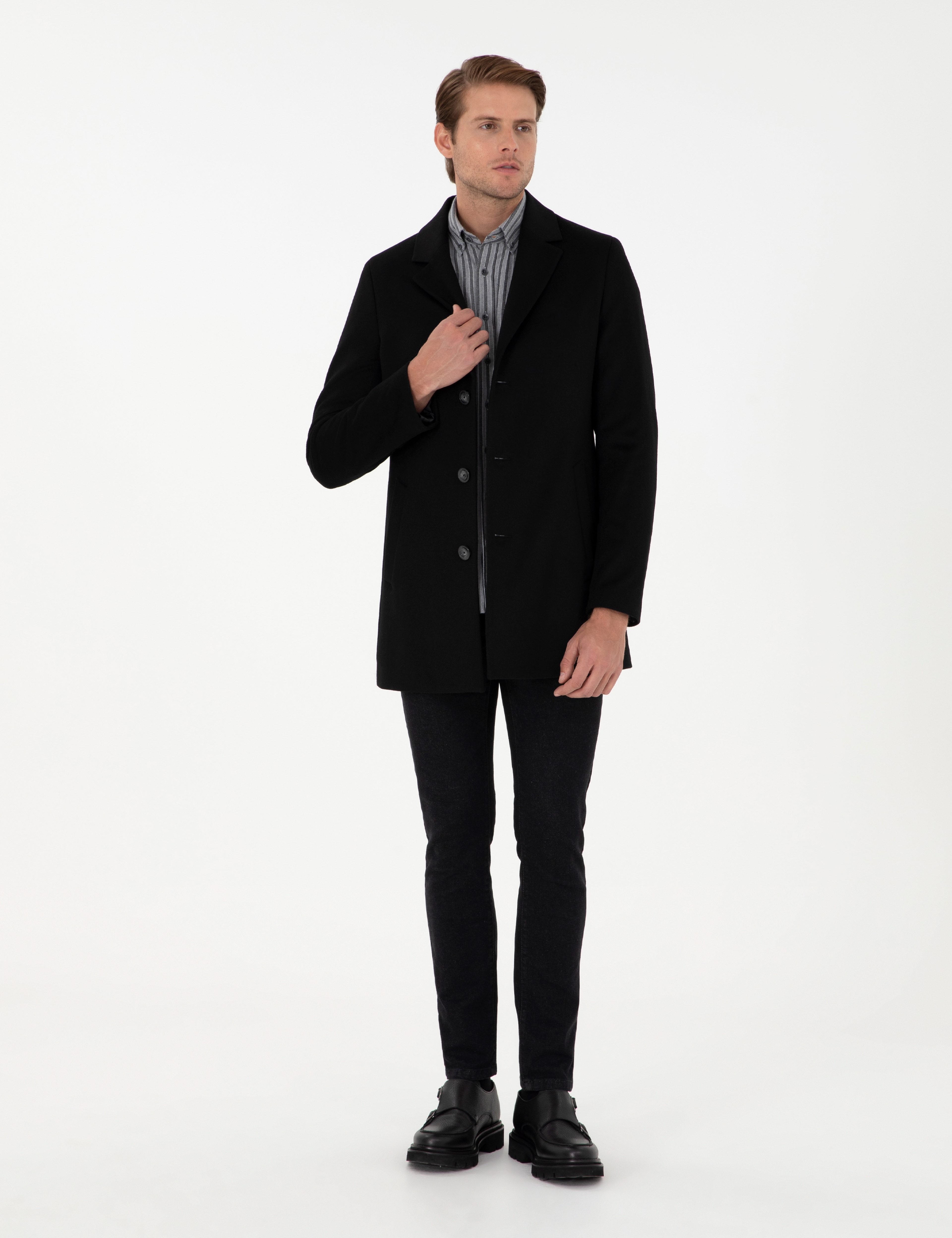 Siyah Ex. Slim Fit Kaşe Kaban