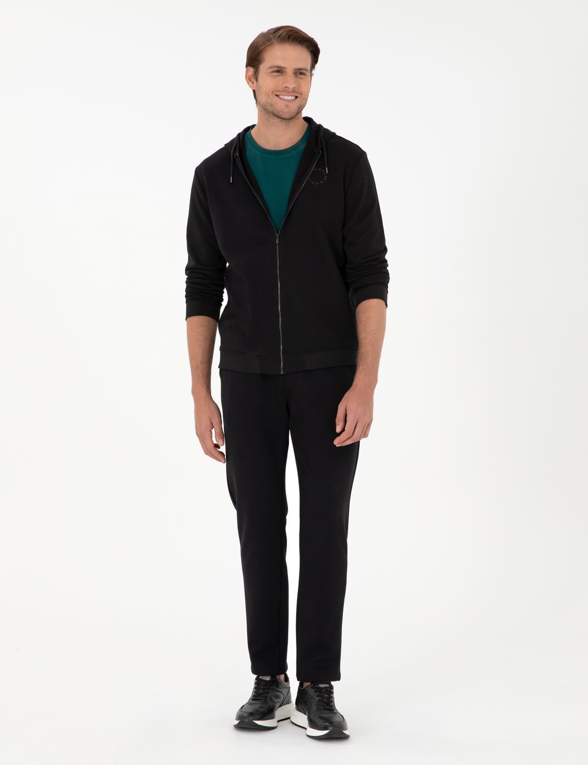 Siyah Slim Fit 3 İplik Düz Paça Eşofman Altı