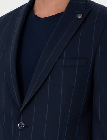 Lacivert Ex. Slim Fit Çizgili Takım Elbise