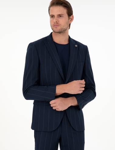 Lacivert Ex. Slim Fit Çizgili Takım Elbise