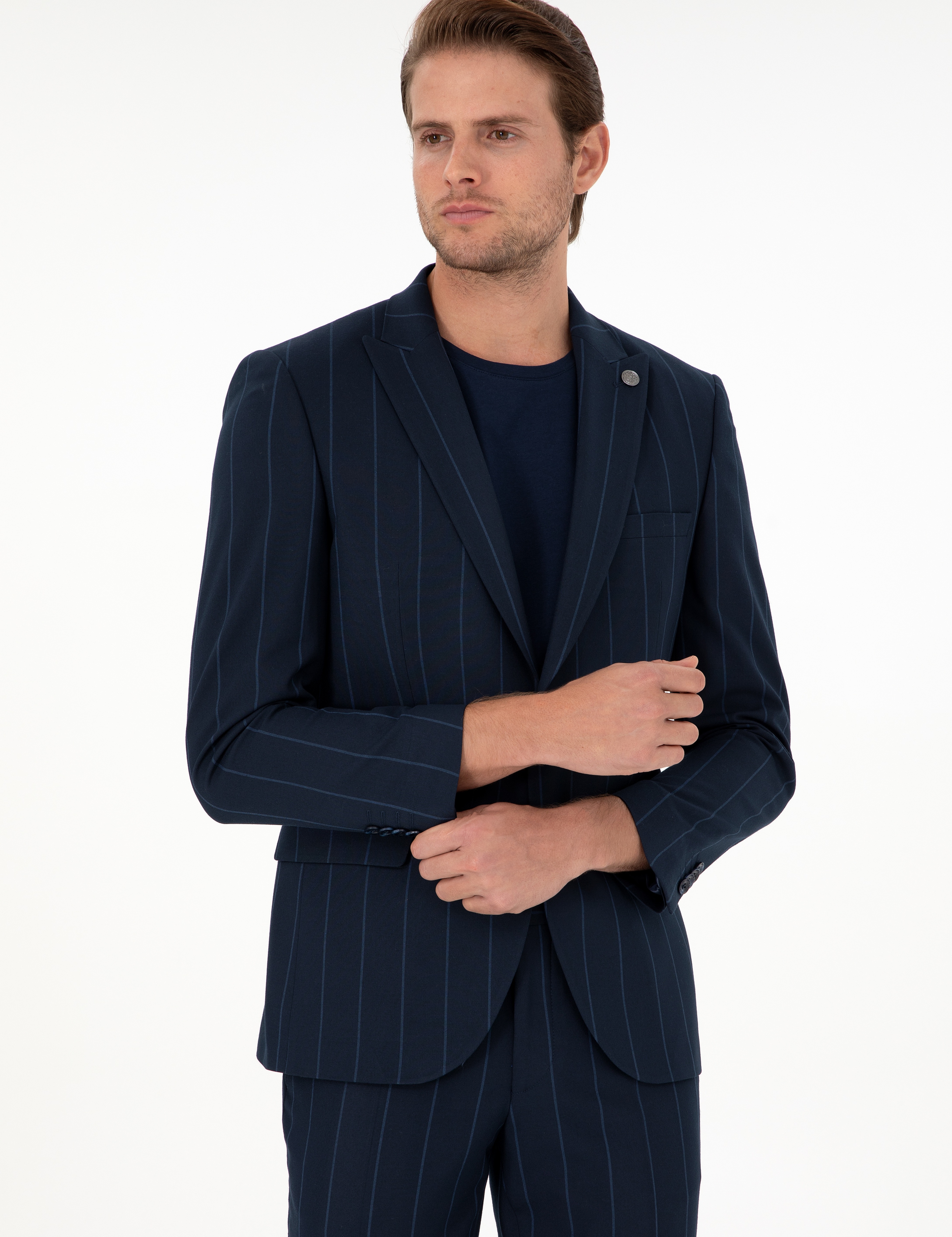 Lacivert Extra Slim Fit Çizgili Takım Elbise - Image 3