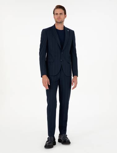 Lacivert Ex. Slim Fit Çizgili Takım Elbise