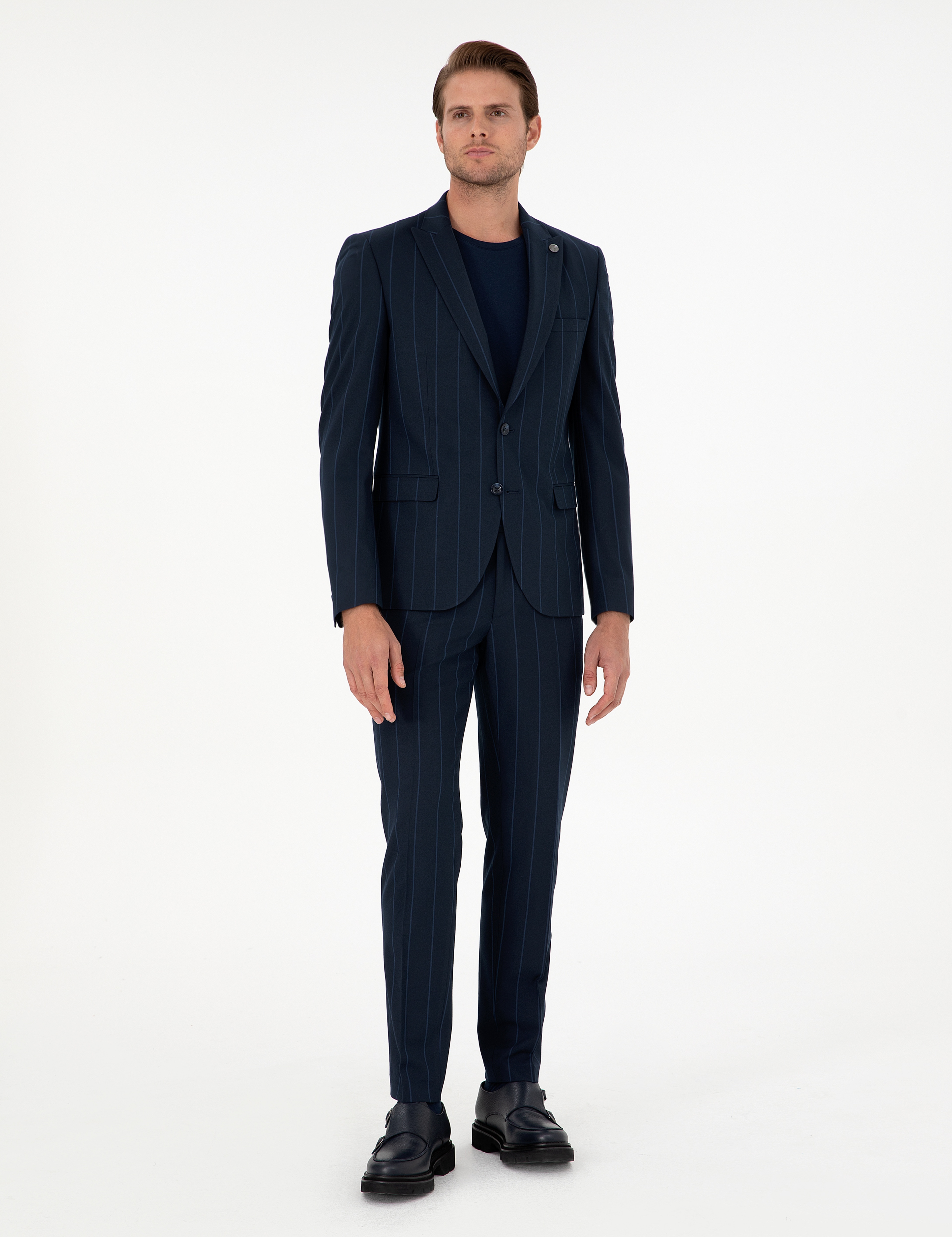Lacivert Extra Slim Fit Çizgili Takım Elbise - Image 4
