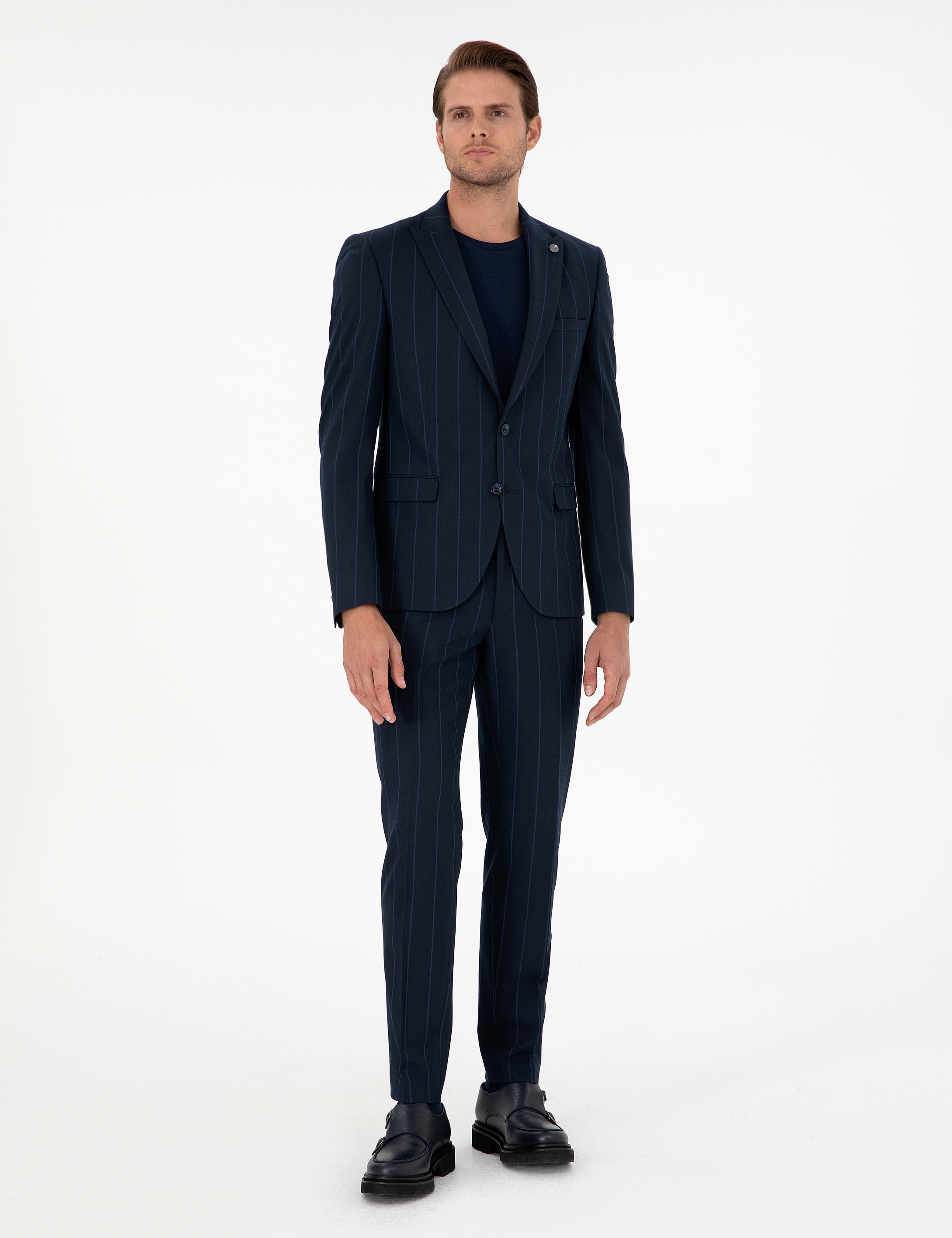 Lacivert Extra Slim Fit Çizgili Takım Elbise