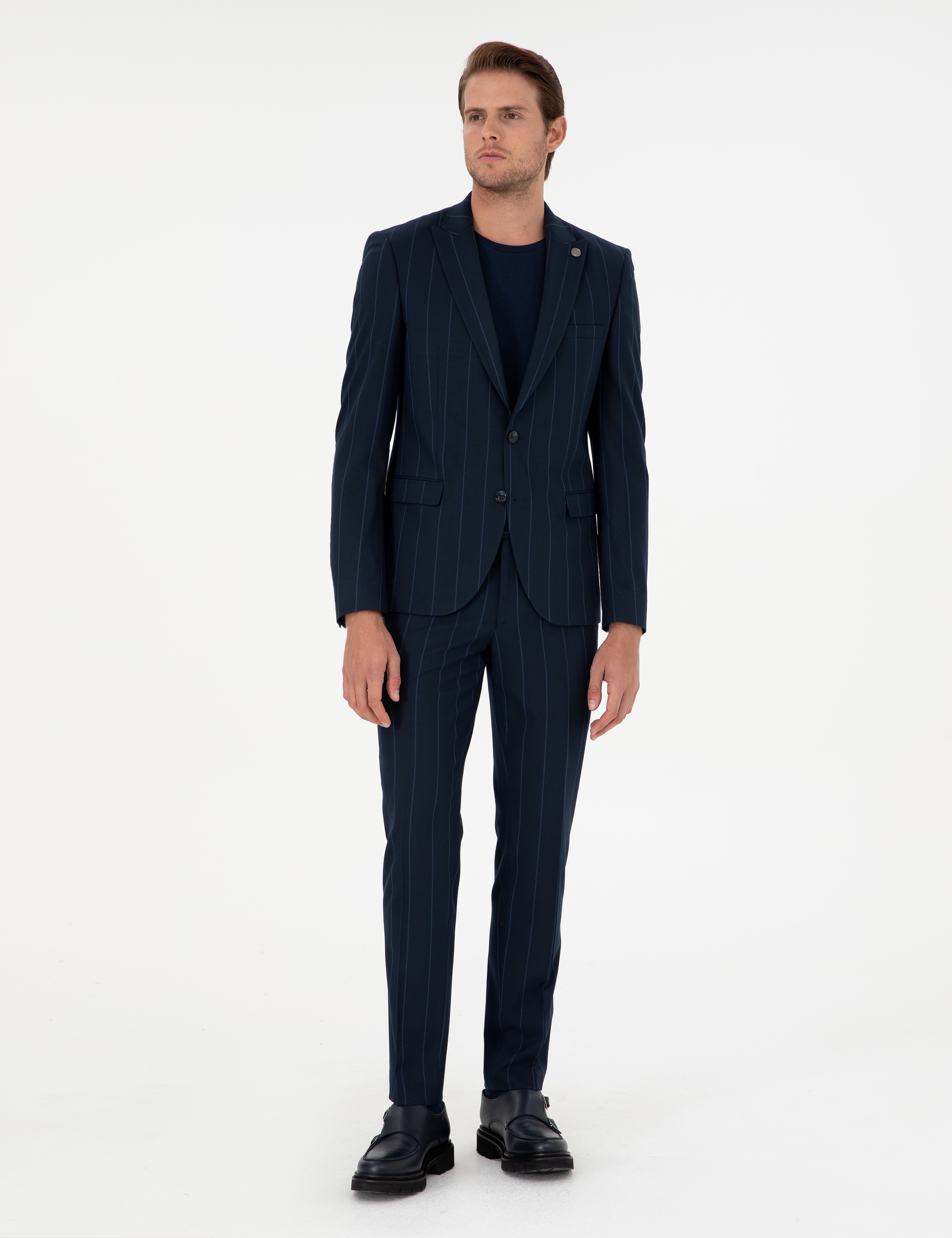 Lacivert Extra Slim Fit Çizgili Takım Elbise - Image 1