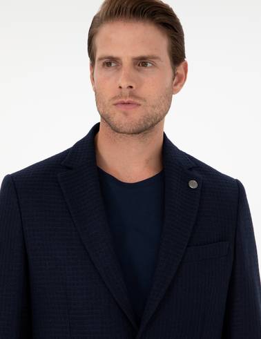 Lacivert Yün Karışımlı Slim Fit Ceket