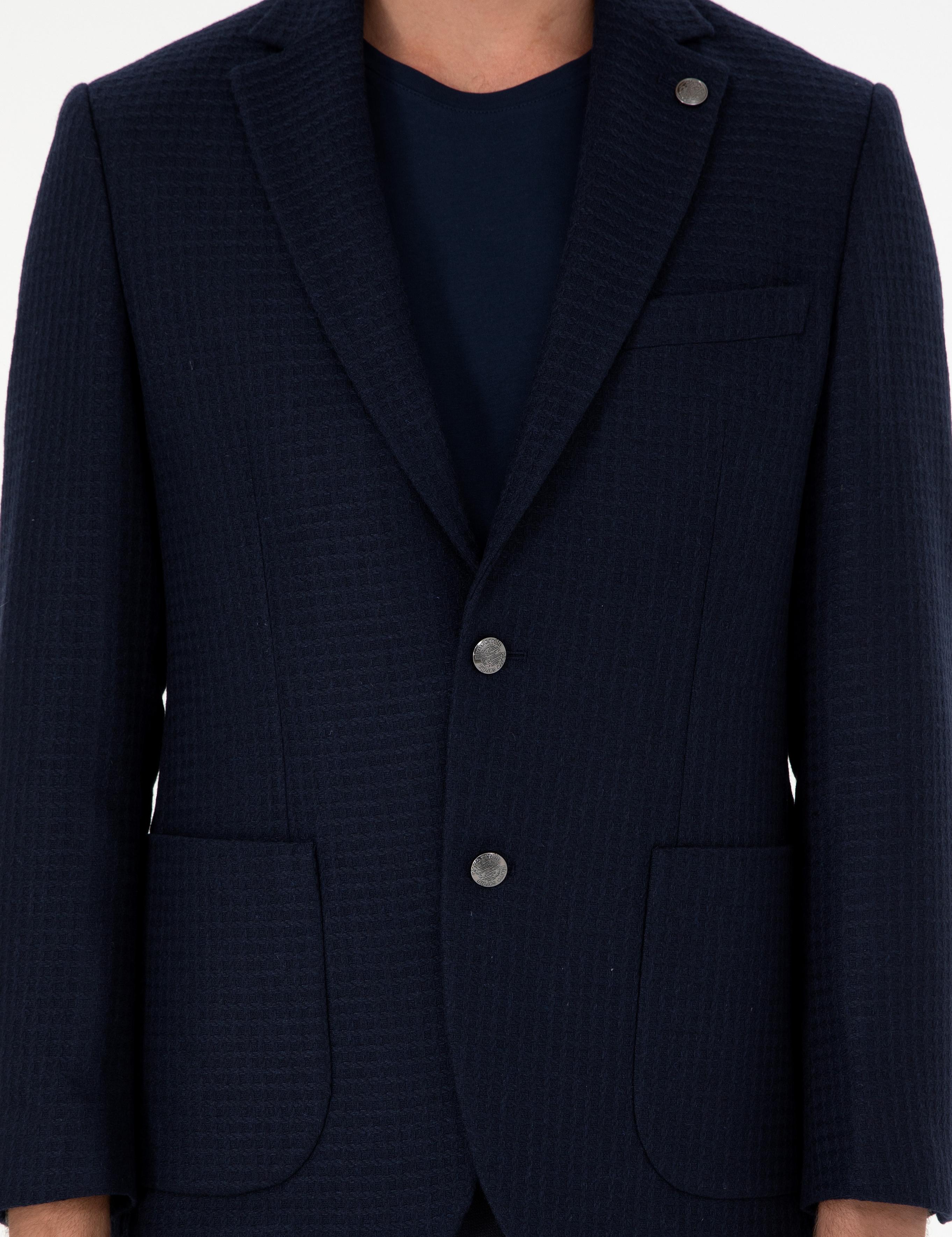 Lacivert Yün Karışımlı Slim Fit Ceket