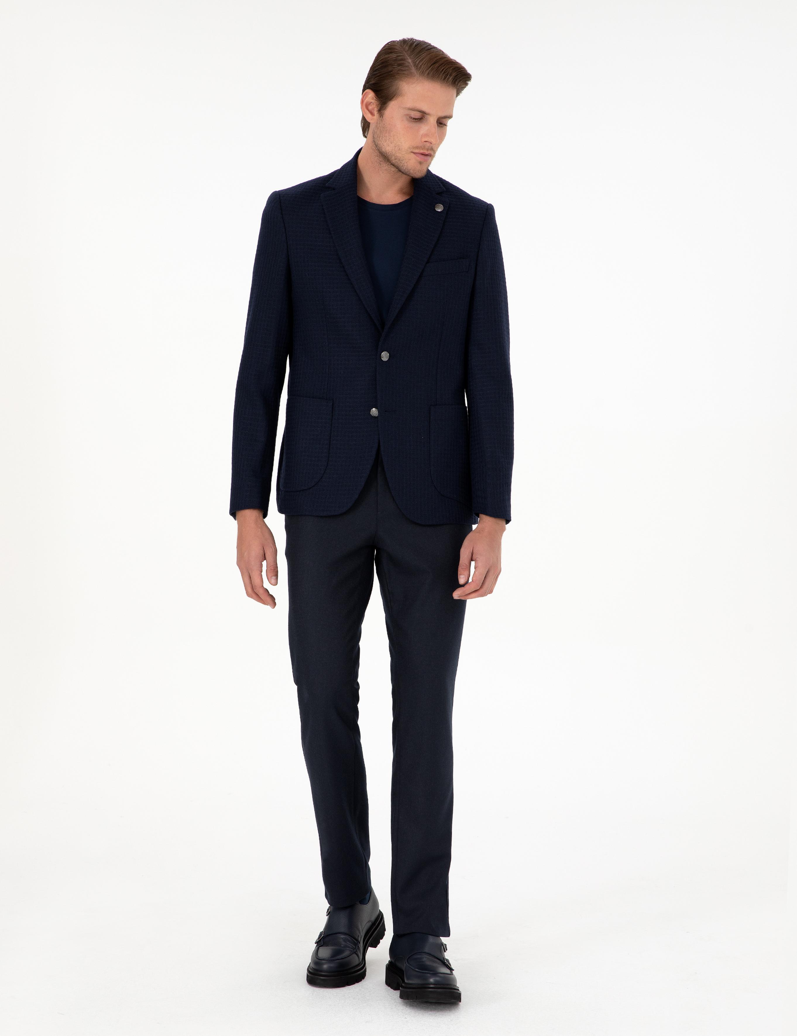 Lacivert Yün Karışımlı Slim Fit Ceket