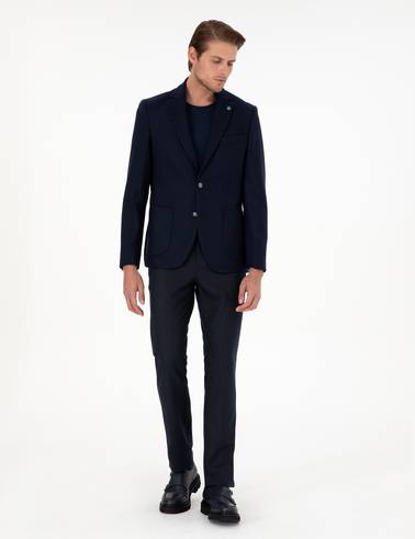 Lacivert Yün Karışımlı Slim Fit Ceket