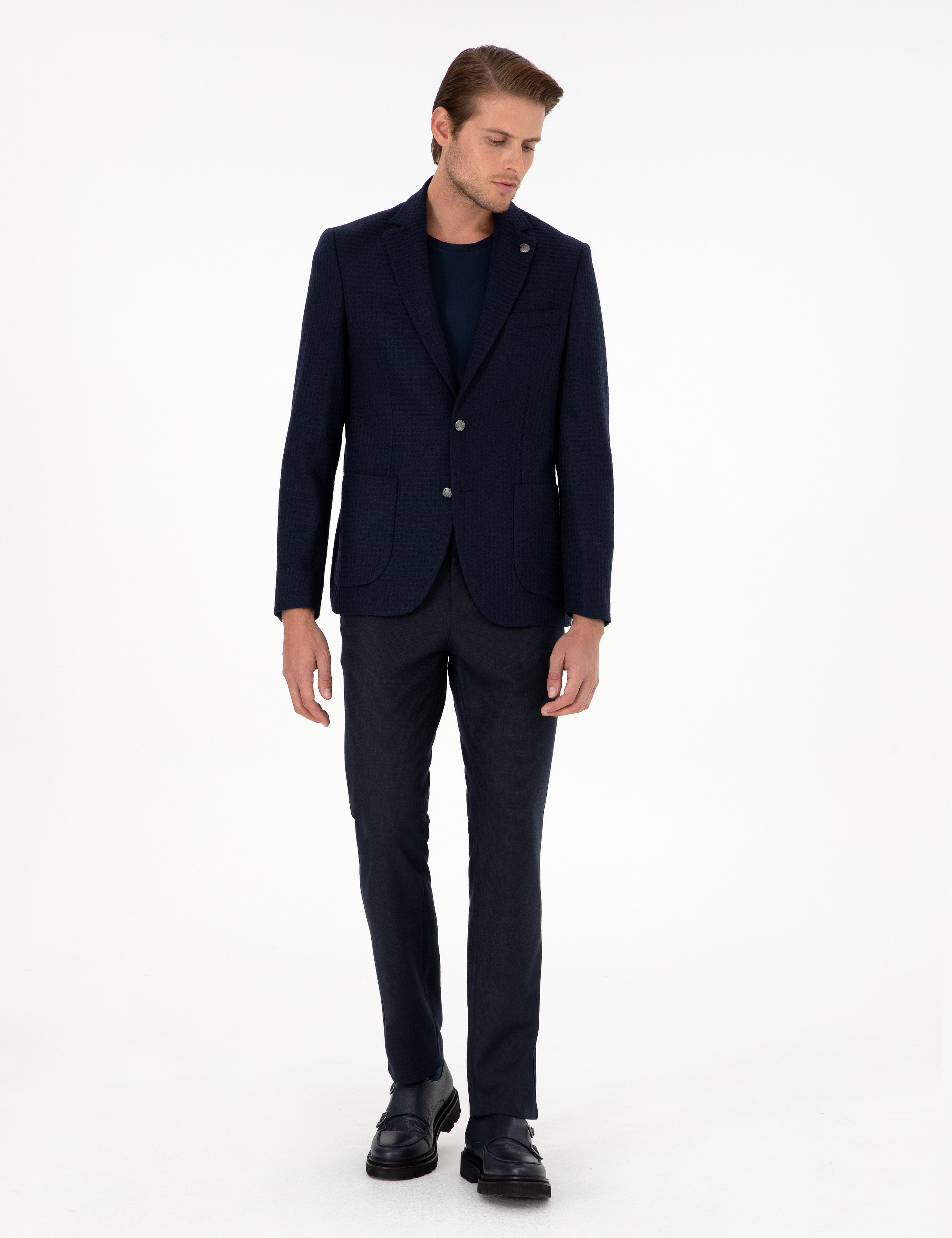 Lacivert Yün Karışımlı Slim Fit Ceket