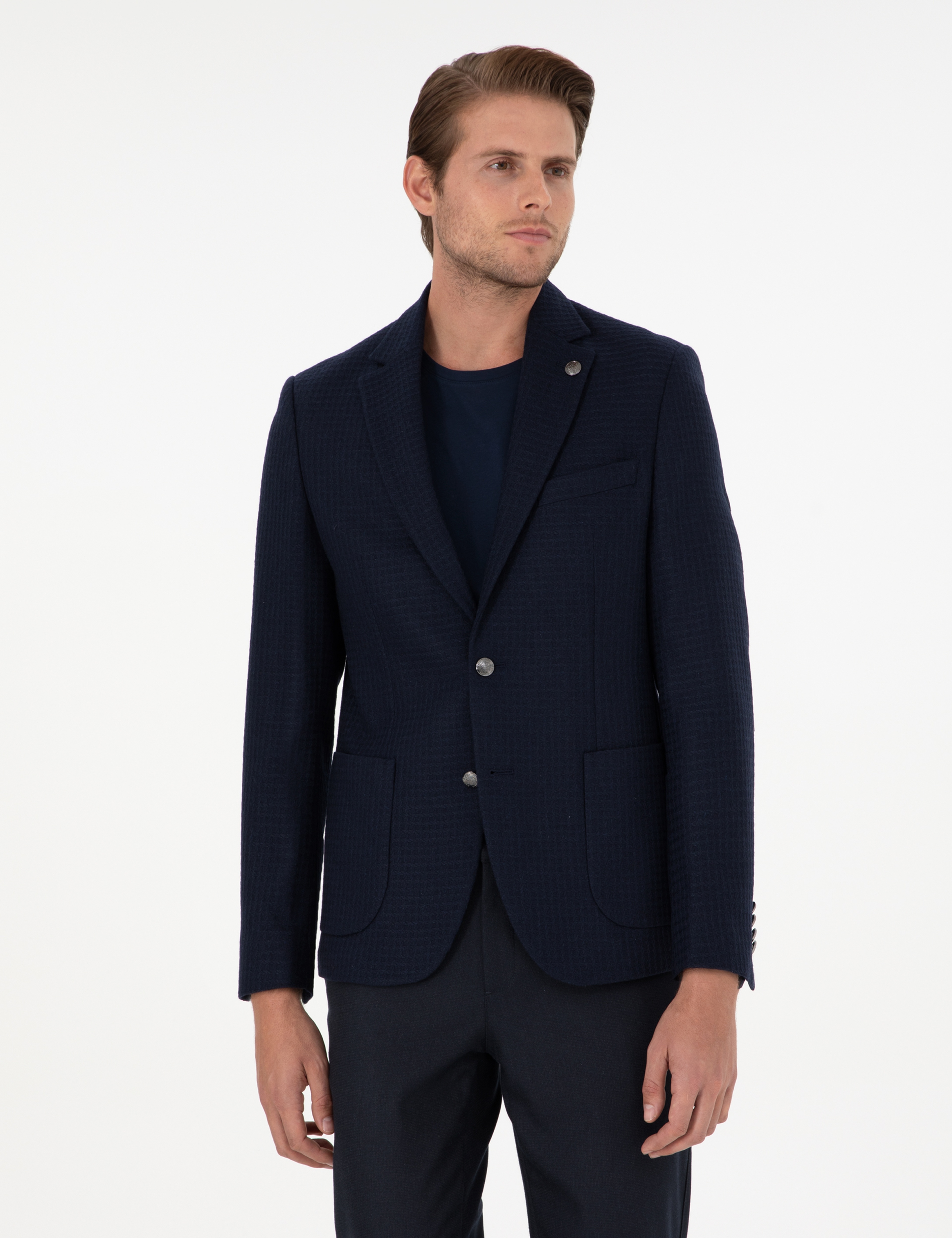 Lacivert Yün Karışımlı Slim Fit Ceket - Image 3