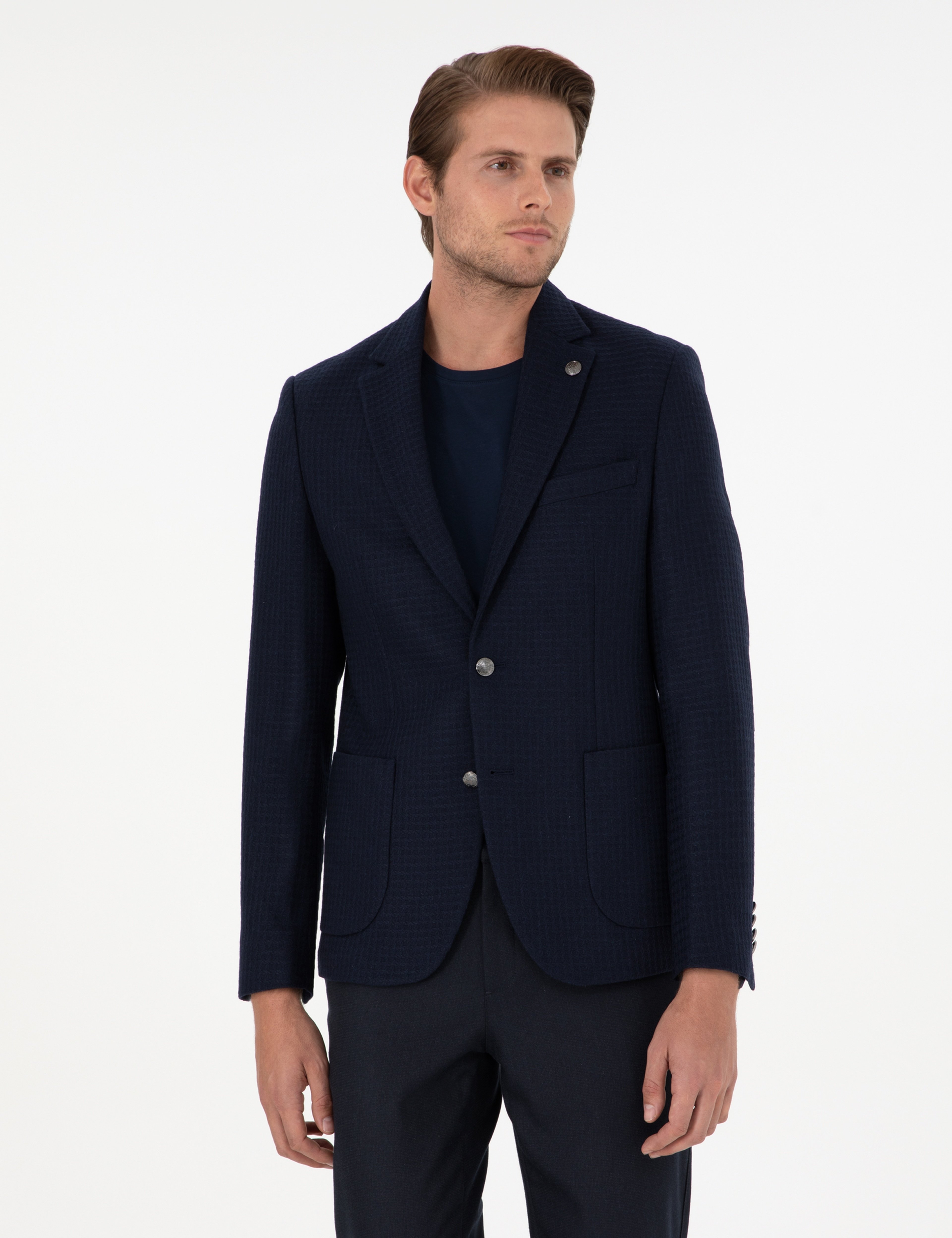 Lacivert Yün Karışımlı Slim Fit Ceket