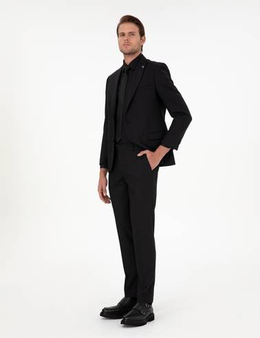 Siyah Ex. Slim Fit Çizgili Yünlü Takım Elbise