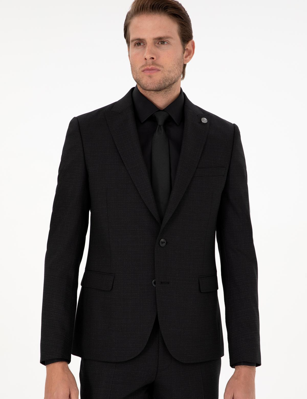 Siyah Ex. Slim Fit Çizgili Yünlü Takım Elbise - 50293607053