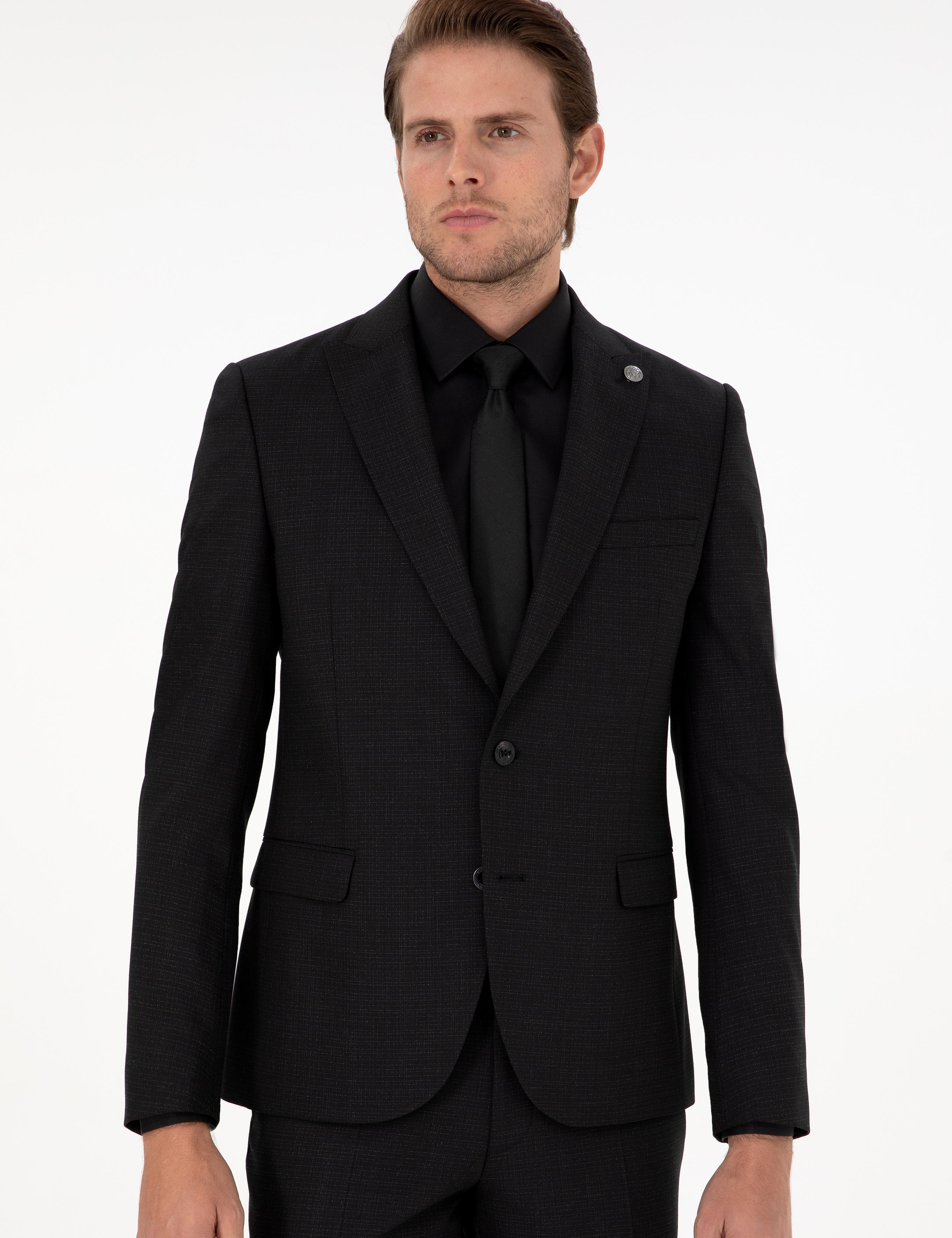 Siyah Ex. Slim Fit Çizgili Yünlü Takım Elbise