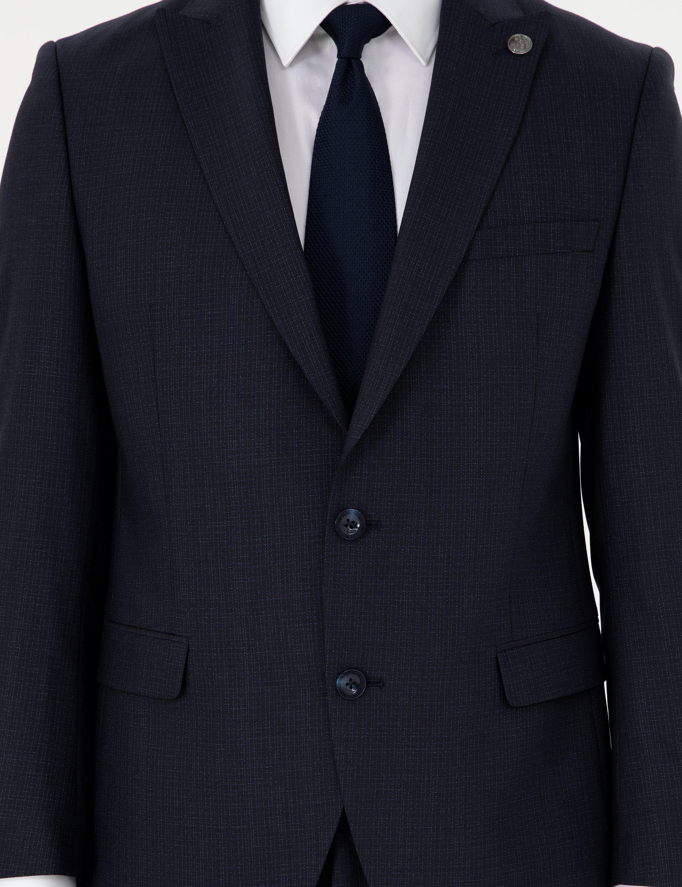 Lacivert Ex. Slim Fit Çizgili Yünlü Takım Elbise