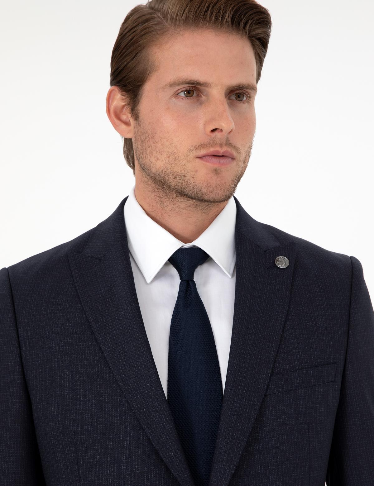 Lacivert Ex. Slim Fit Çizgili Yünlü Takım Elbise - 50293607011