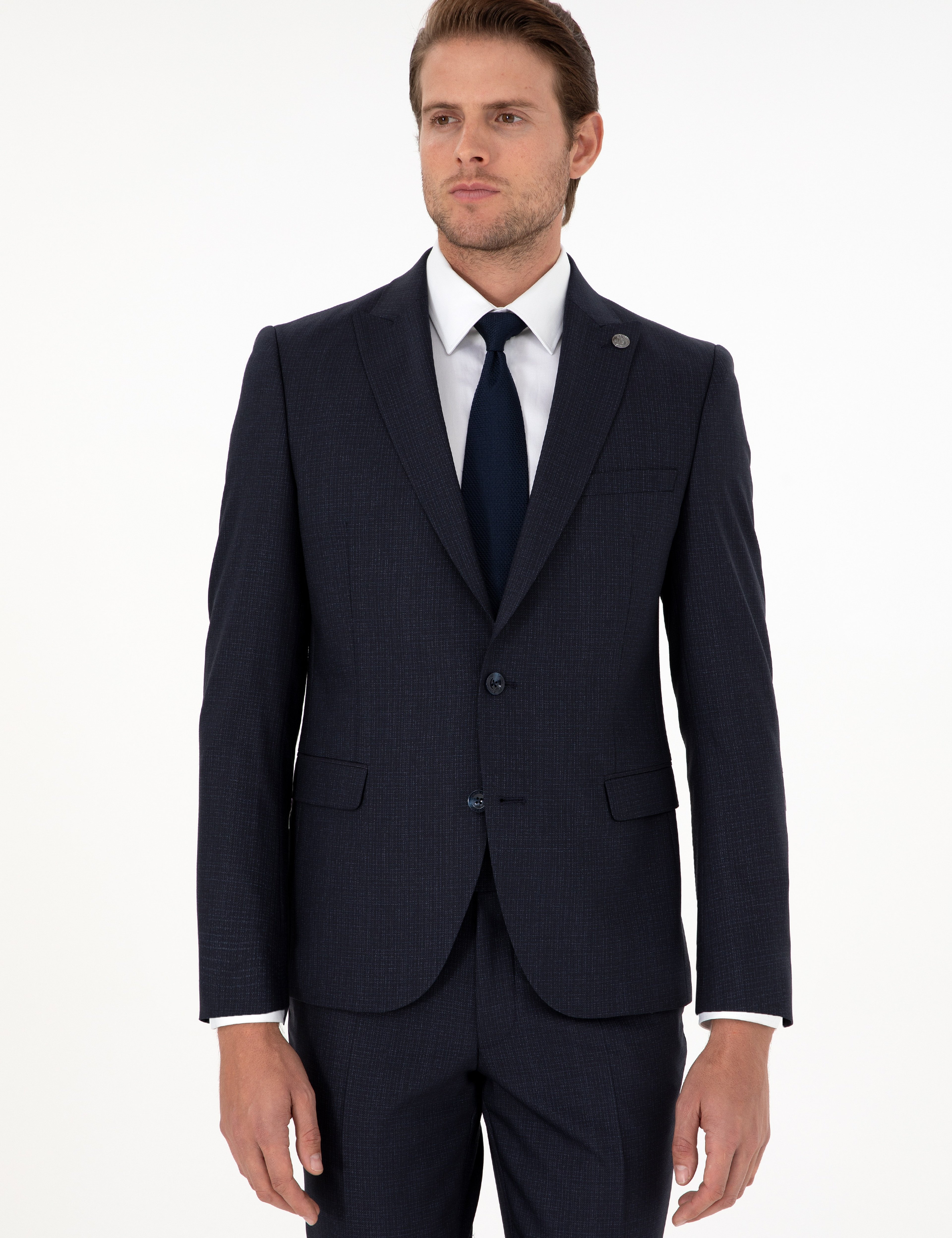 Lacivert Extra Slim Fit Çizgili Yünlü Takım Elbise