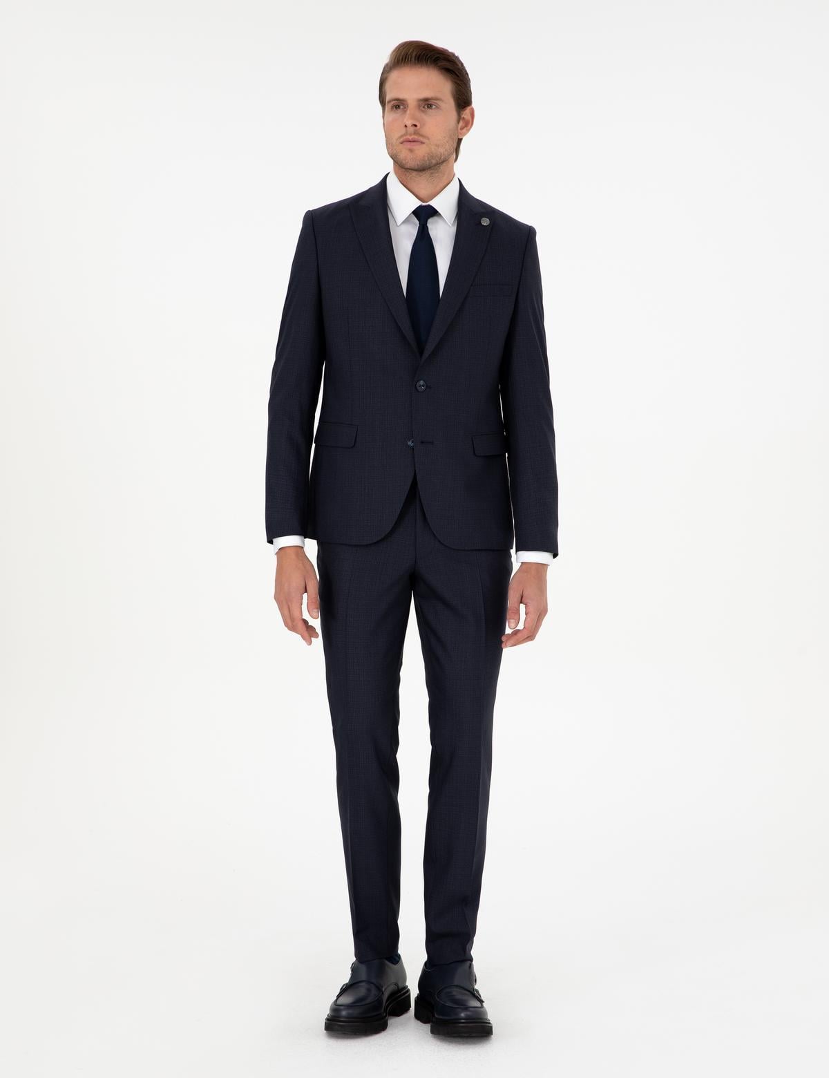 Lacivert Ex. Slim Fit Çizgili Yünlü Takım Elbise