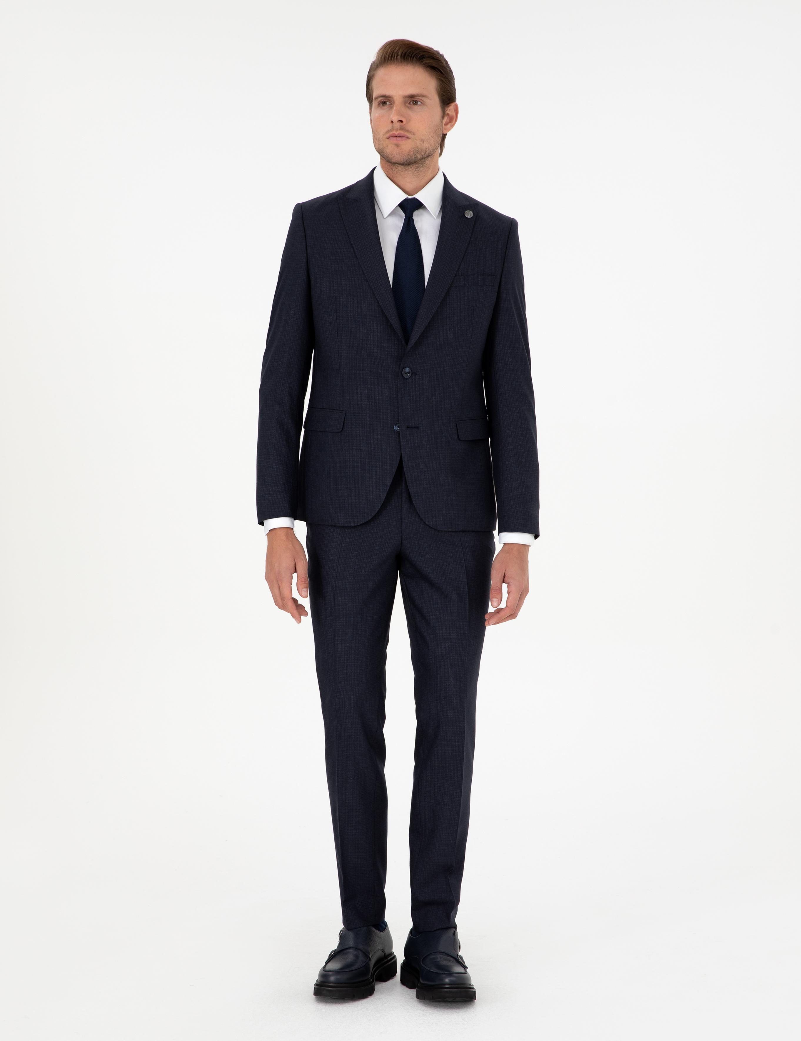 Lacivert Ex. Slim Fit Çizgili Yünlü Takım Elbise