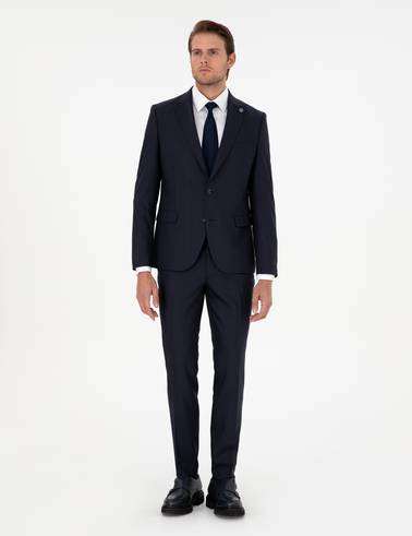 Lacivert Ex. Slim Fit Çizgili Yünlü Takım Elbise