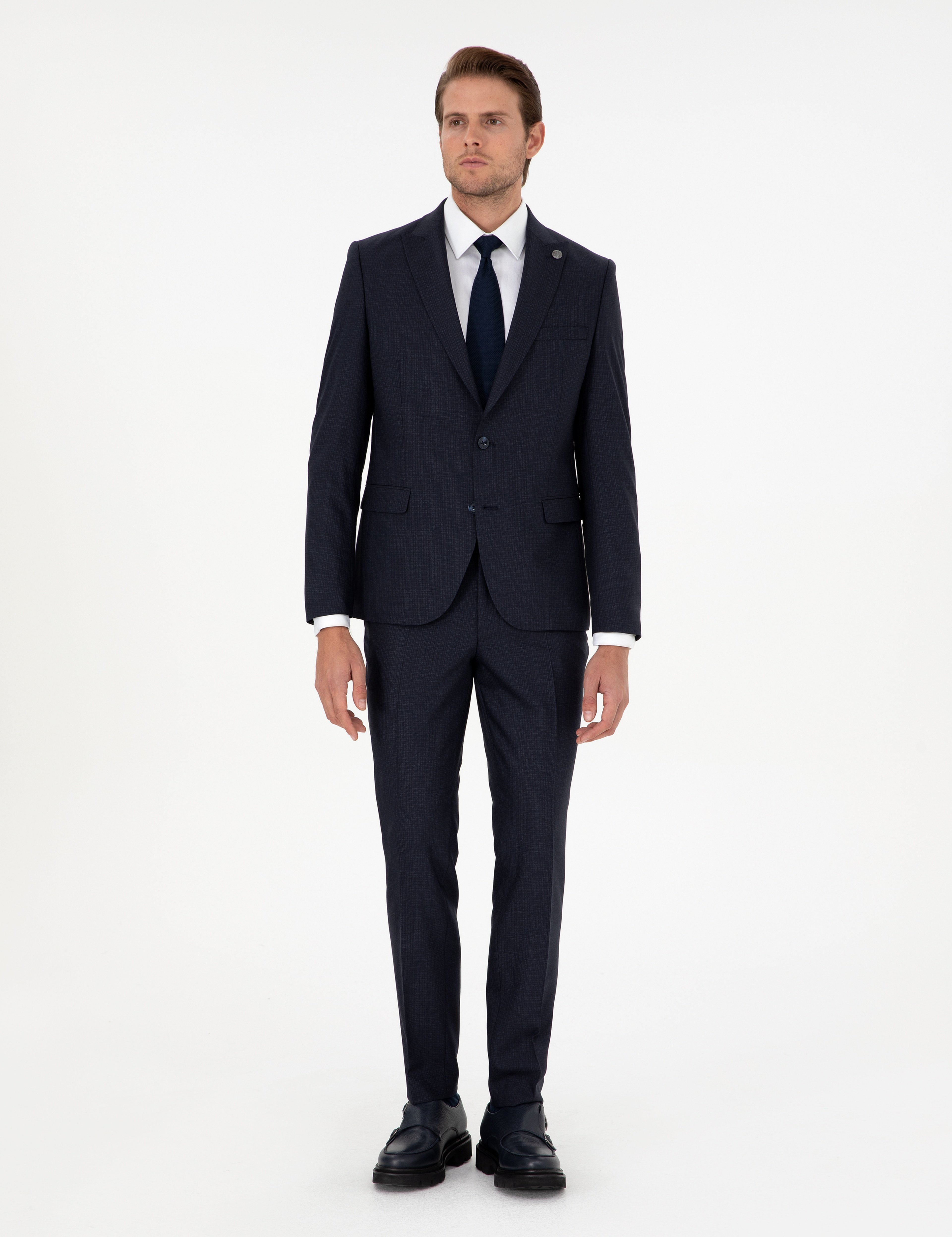 Lacivert Extra Slim Fit Çizgili Yünlü Takım Elbise - Image 1