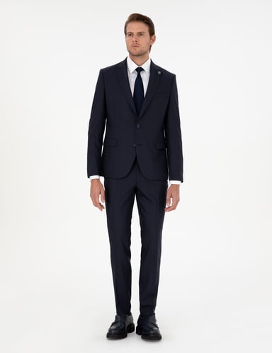 Lacivert Extra Slim Fit Çizgili Yünlü Takım Elbise