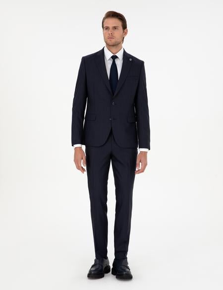 Lacivert Ex. Slim Fit Çizgili Yünlü Takım Elbise - 50293607011